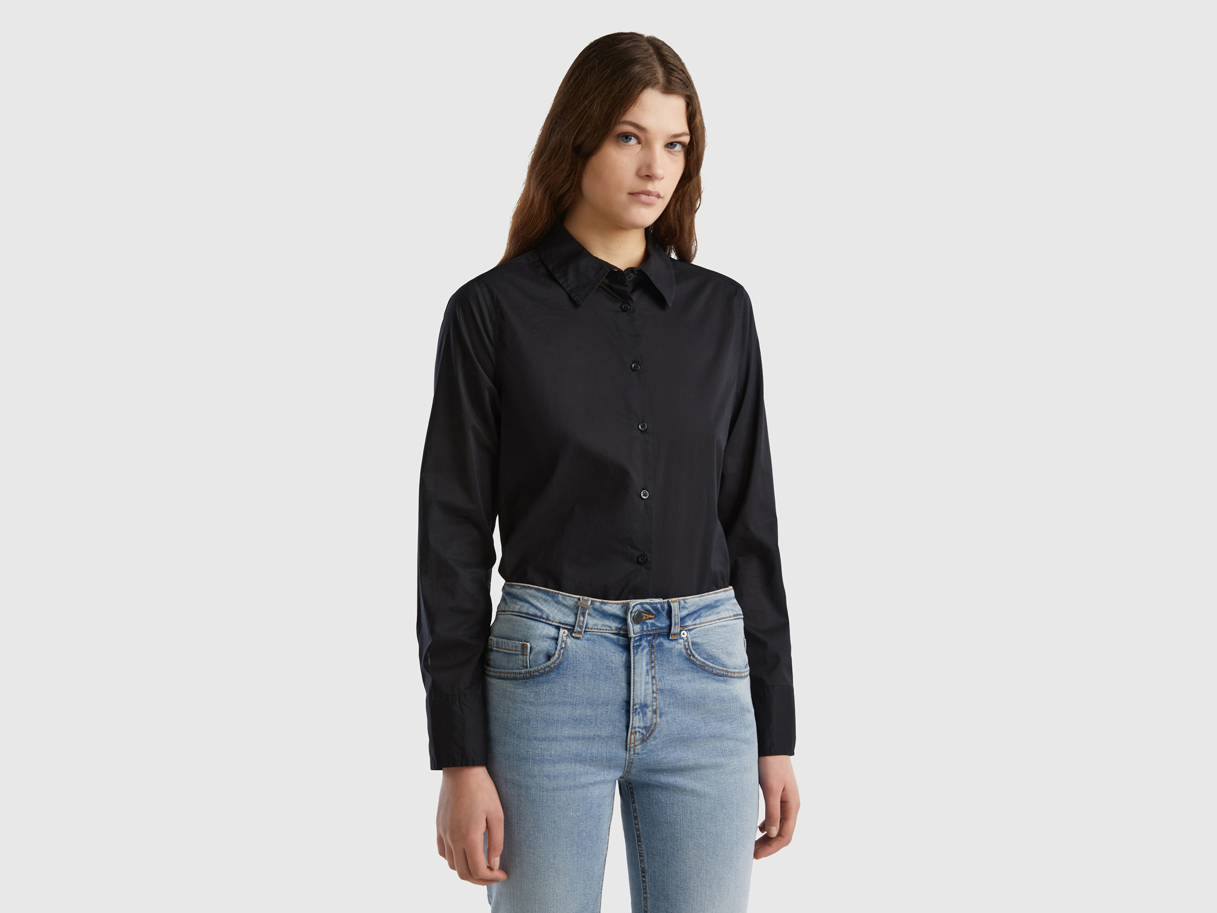 Benetton, Camicia Regular Fit In Cotone Leggero, Nero, Donna