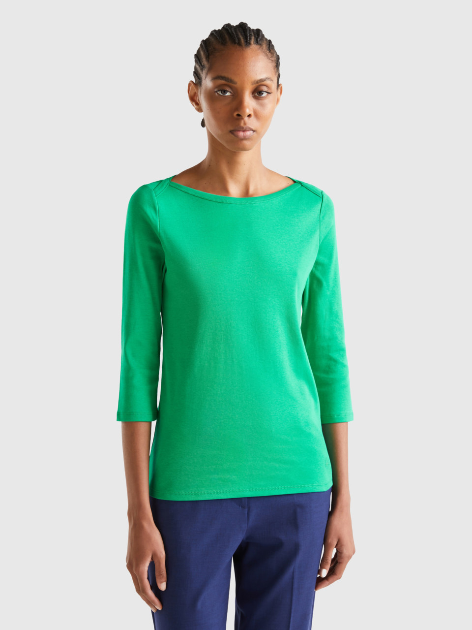 Benetton, Camiseta De 100 % Algodón Con Escote Barco, Verde, Mujer