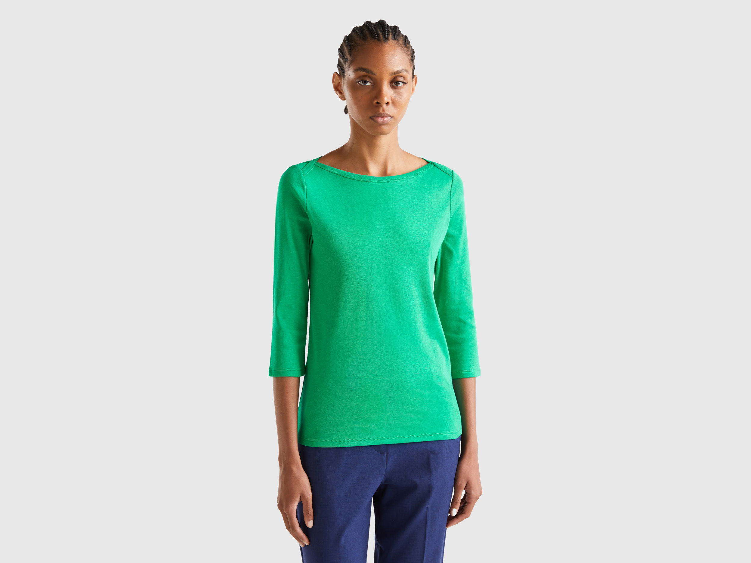 Benetton, T-shirt With Boat Neck In 100% Cotton, size L, Green, Women