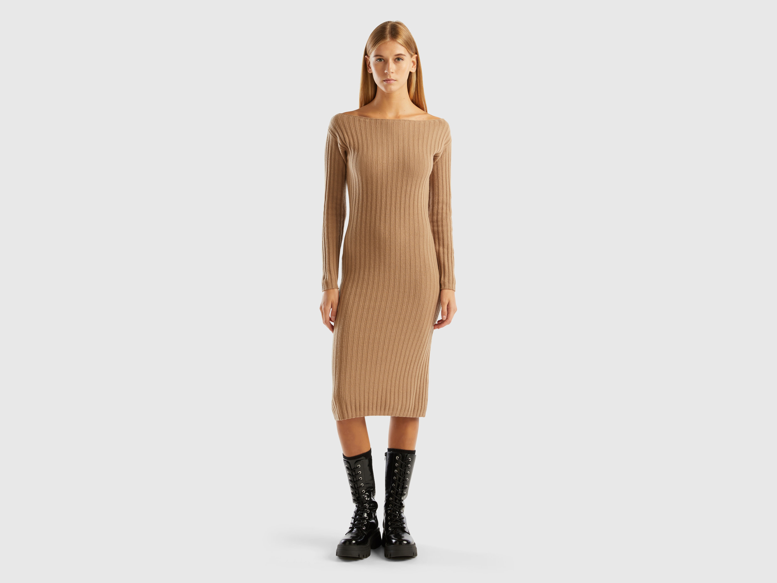 Benetton, Knit Dress With Boat Neck, size XS-S, Camel, Women