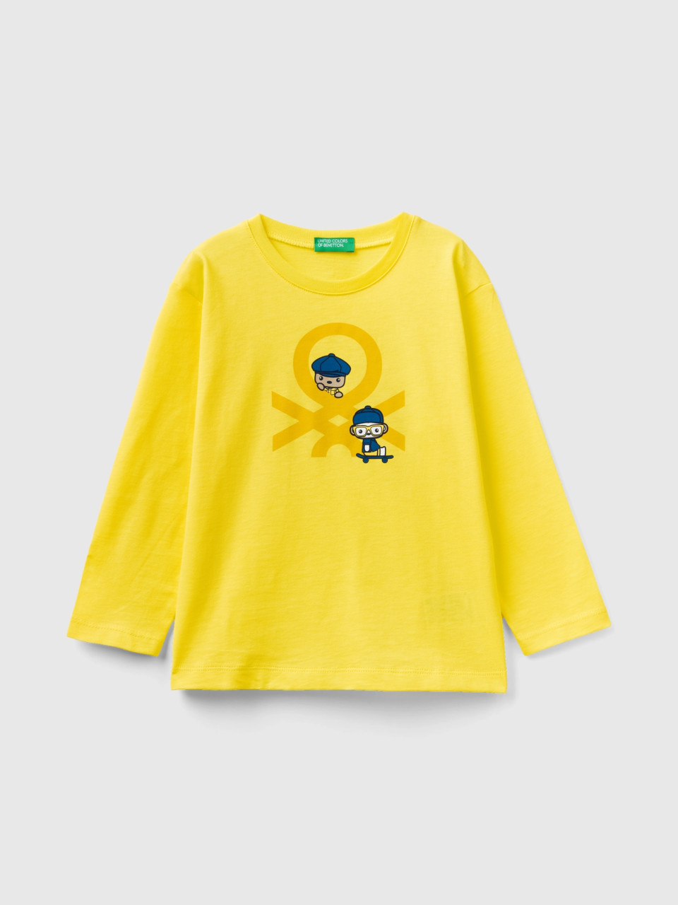 Benetton, Langärmeliges T-shirt Aus Bio-baumwolle, Gelb, male