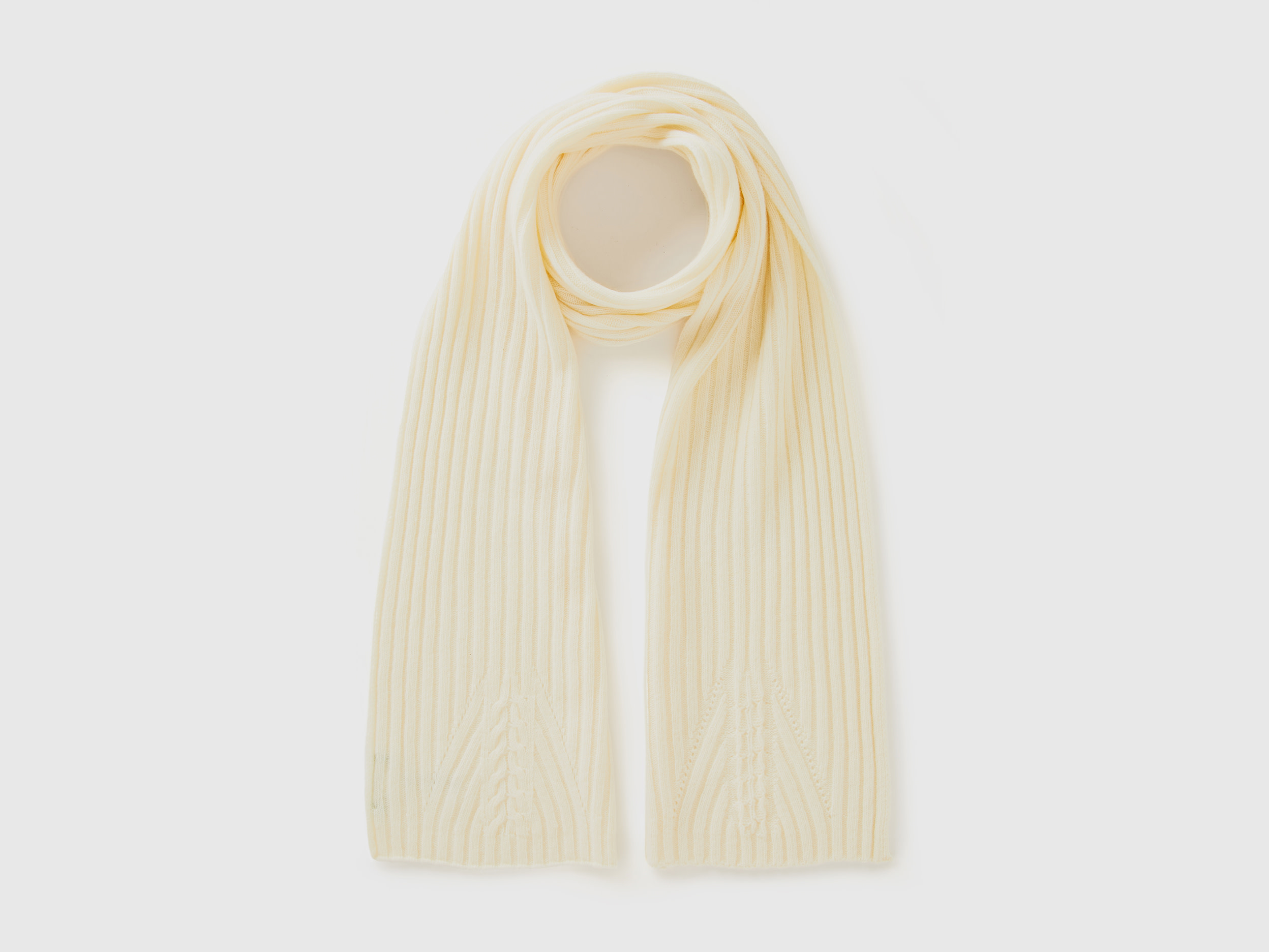 Benetton, Sciarpa Con Lavorazione Treccia, Bianco Panna, Donna