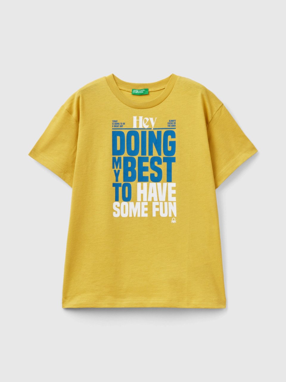 Benetton, Camiseta De Algodón Orgánico Con Estampado, Mostaza, Niños