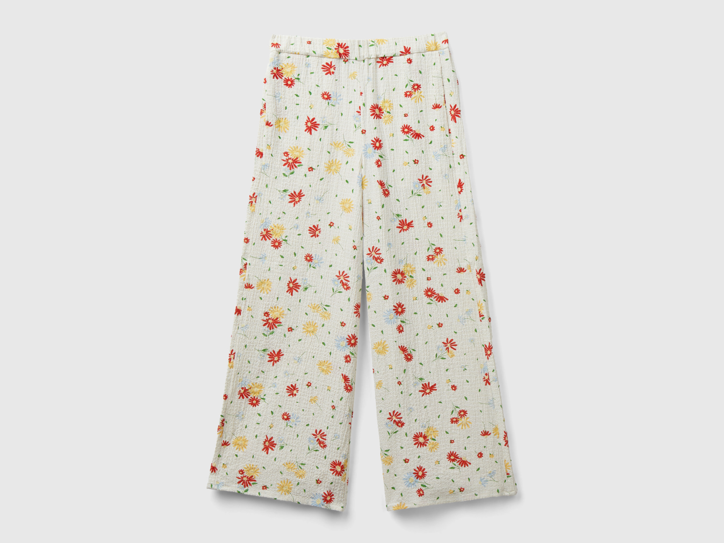 Benetton, Pantaloni Leggeri A Fiori, Bianco Panna, Bambini