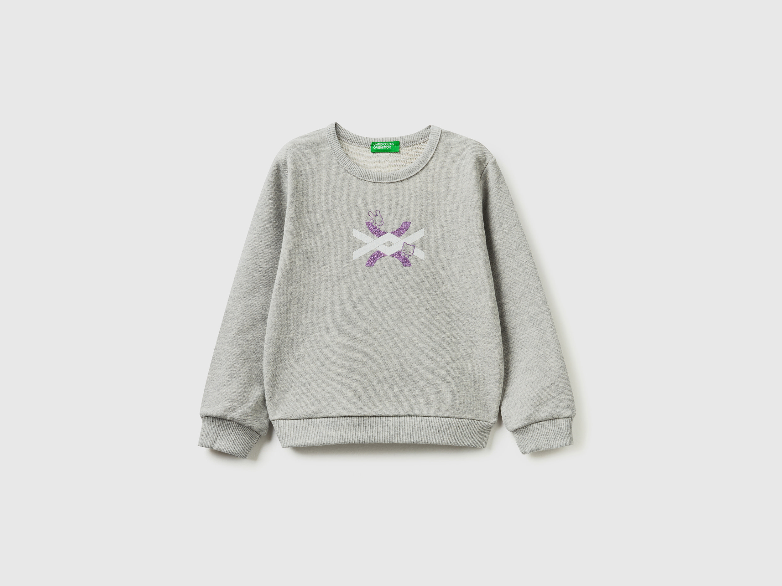 Benetton, Slub Gray Sweatshirt In Organic Cotton With Glittery Print, size 3-4, Light Gray, Kids