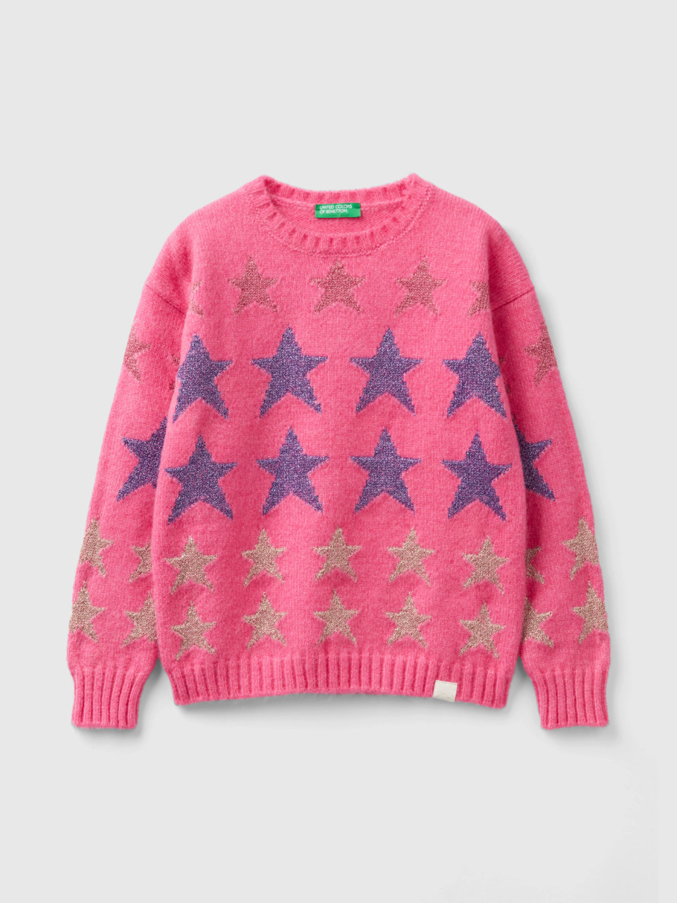 Benetton, Sweater With Lurex Stars, Fuchsia, Kids