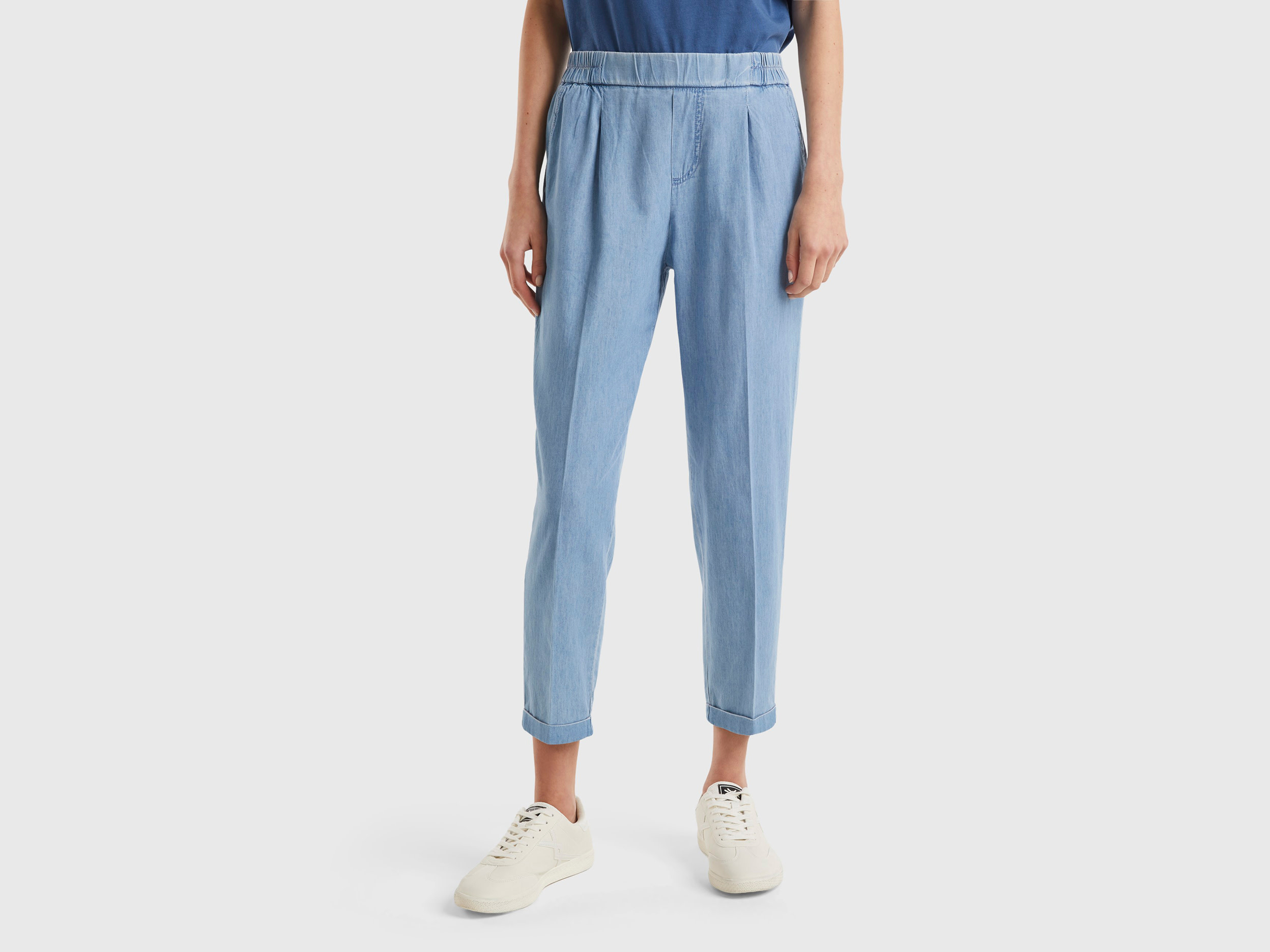 Benetton, Pantaloni In Chambray, Azzurro, Donna