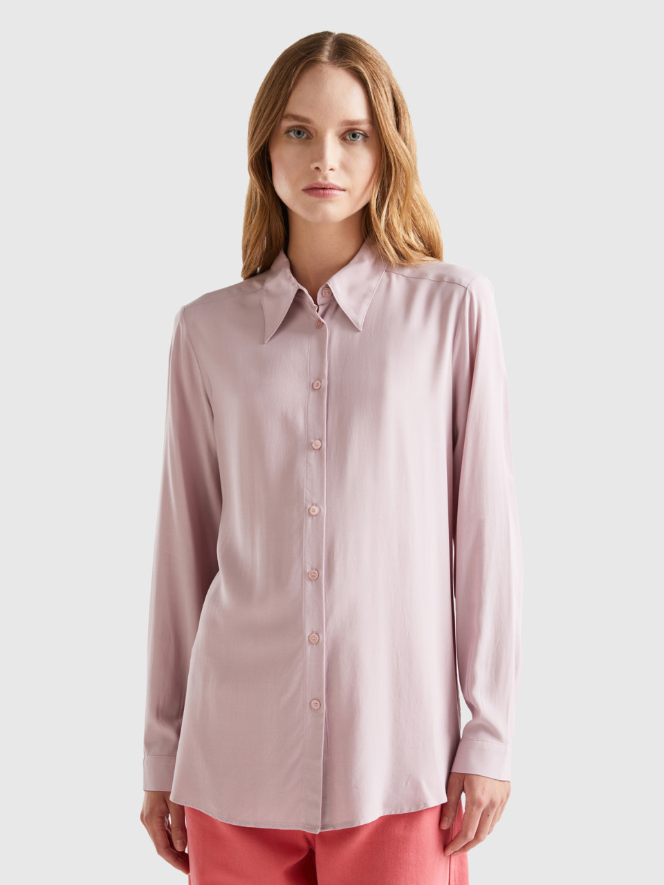 Benetton, Regular Fit Shirt In Sustainable Viscose, Soft Pink, Women