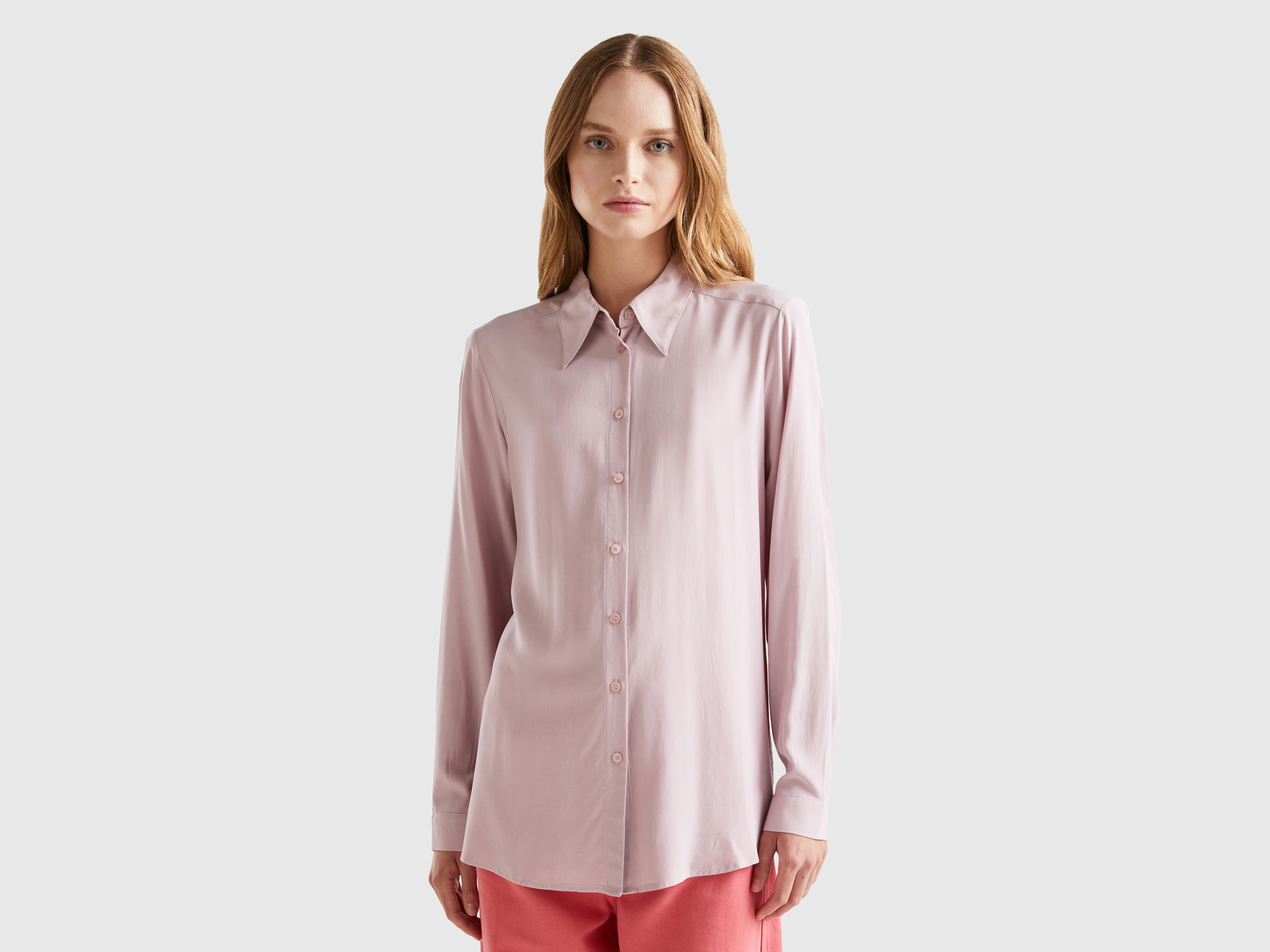 Benetton, Regular Fit Shirt In Sustainable Viscose, size L, Soft Pink, Women
