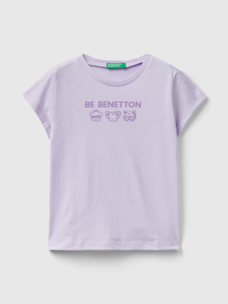 Benetton, Camiseta De 100 % Algodón Con Estampado, Lila, Niños