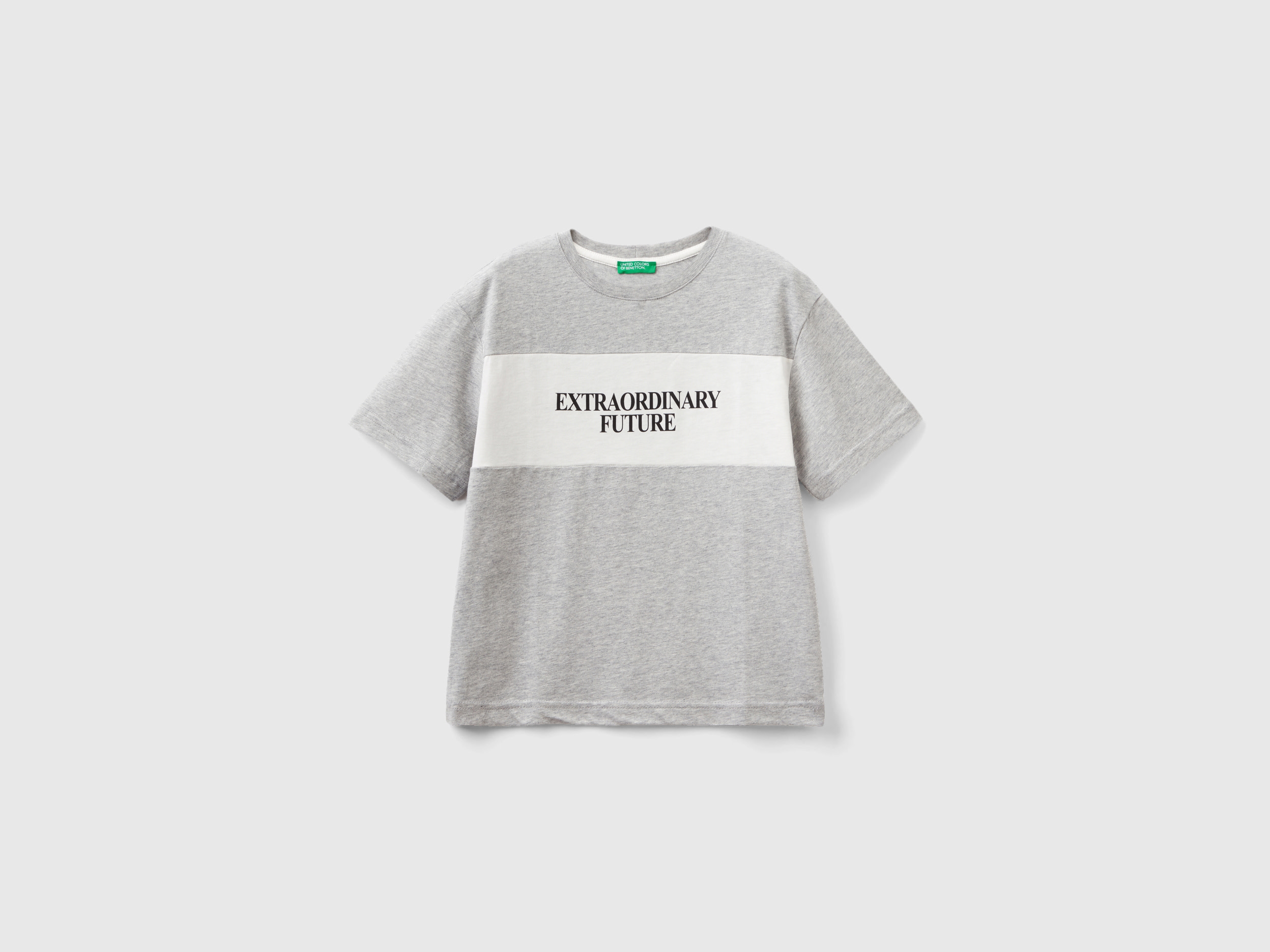 Image of Benetton, T-shirt With Slogan In Organic Cotton, size S, Light Gray, Kids