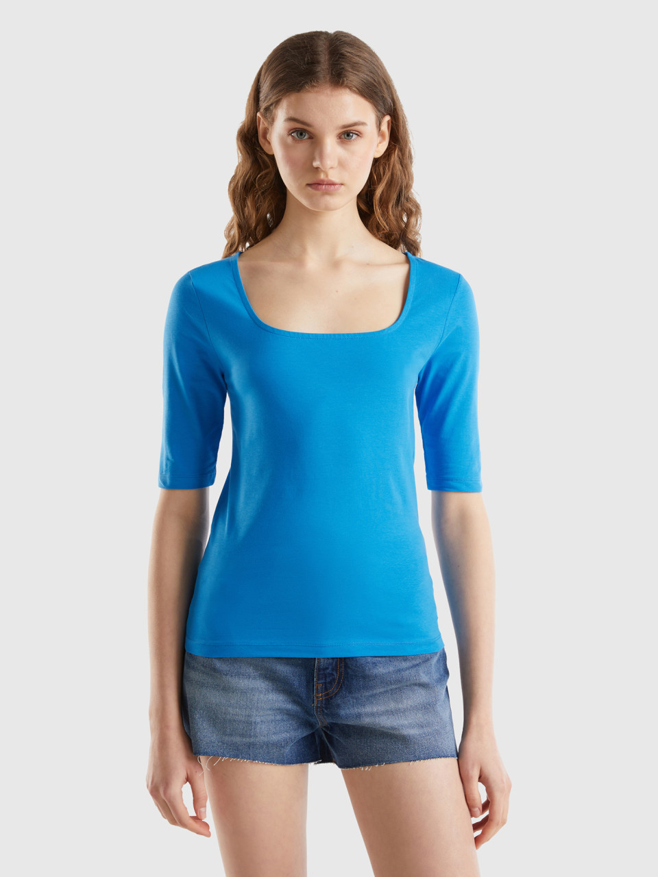 Benetton, Fitted Stretch Cotton T-shirt, Blue, Women