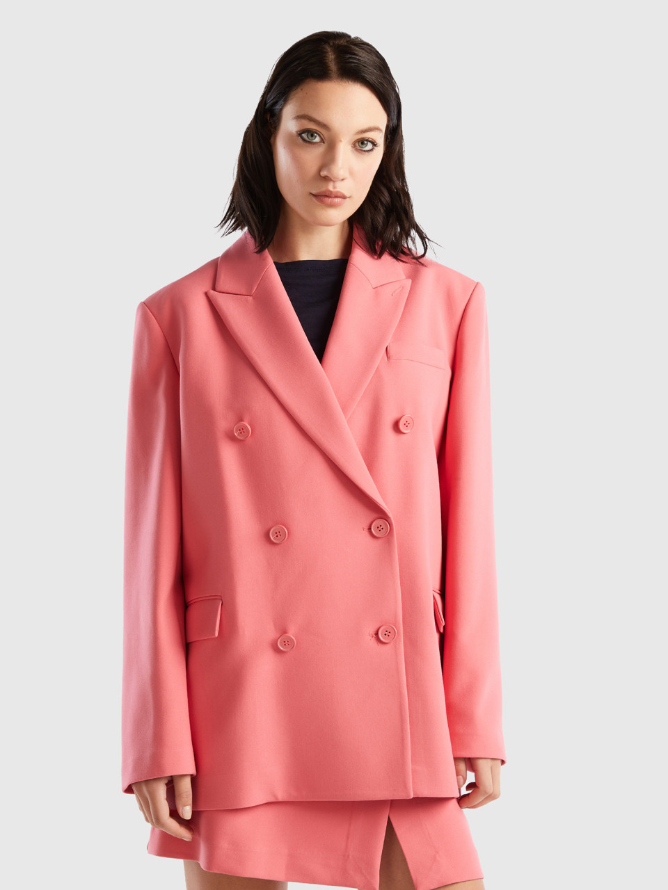 Benetton, Double-breasted Jacket In Viscose Blend, Pink, Women