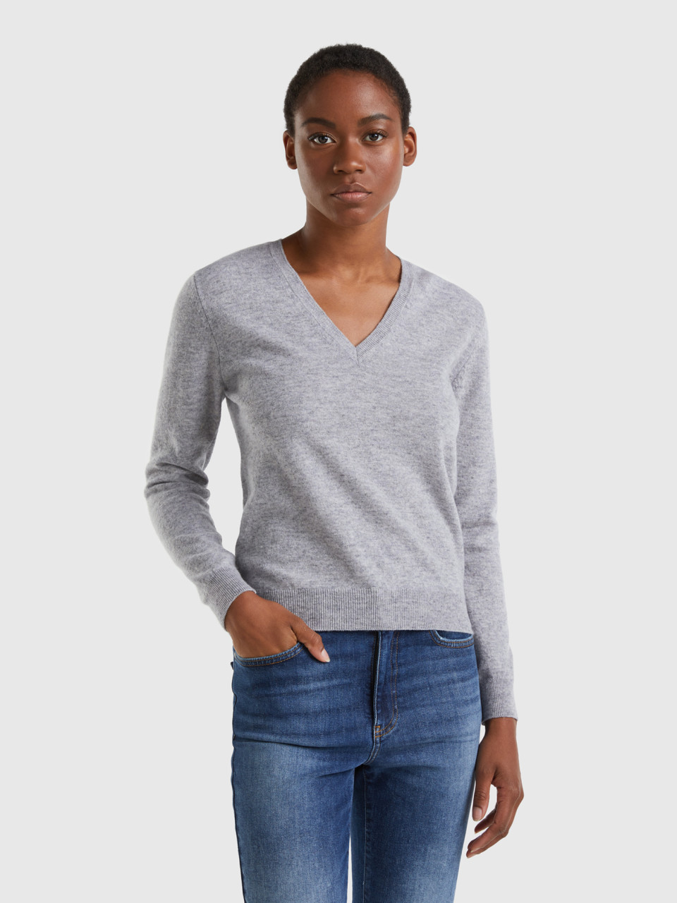 Benetton, Light Gray V-neck Sweater In Pure Merino Wool, Light Gray, Women