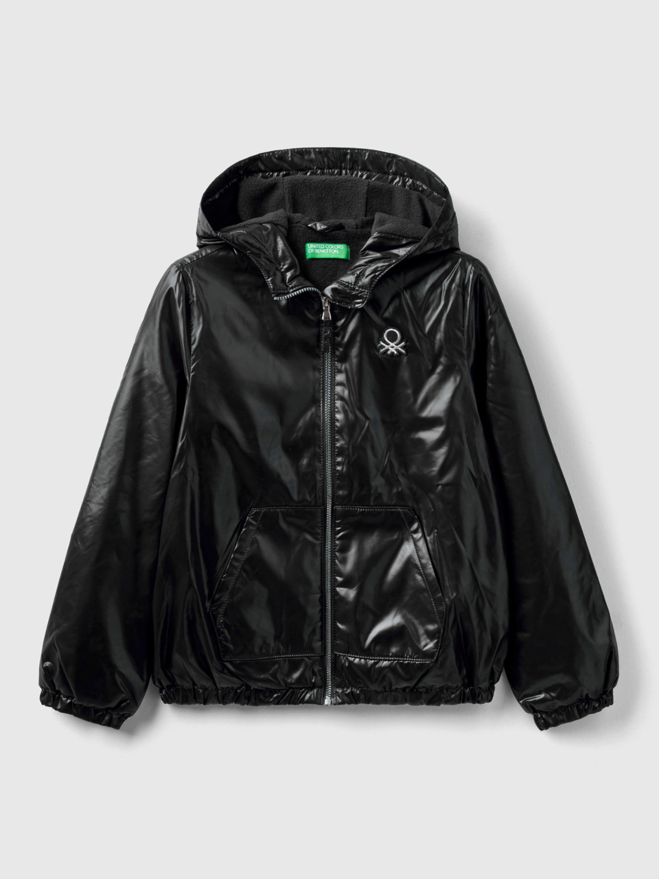Benetton, Glossy Jacket With Zip And Hood, Black, Kids