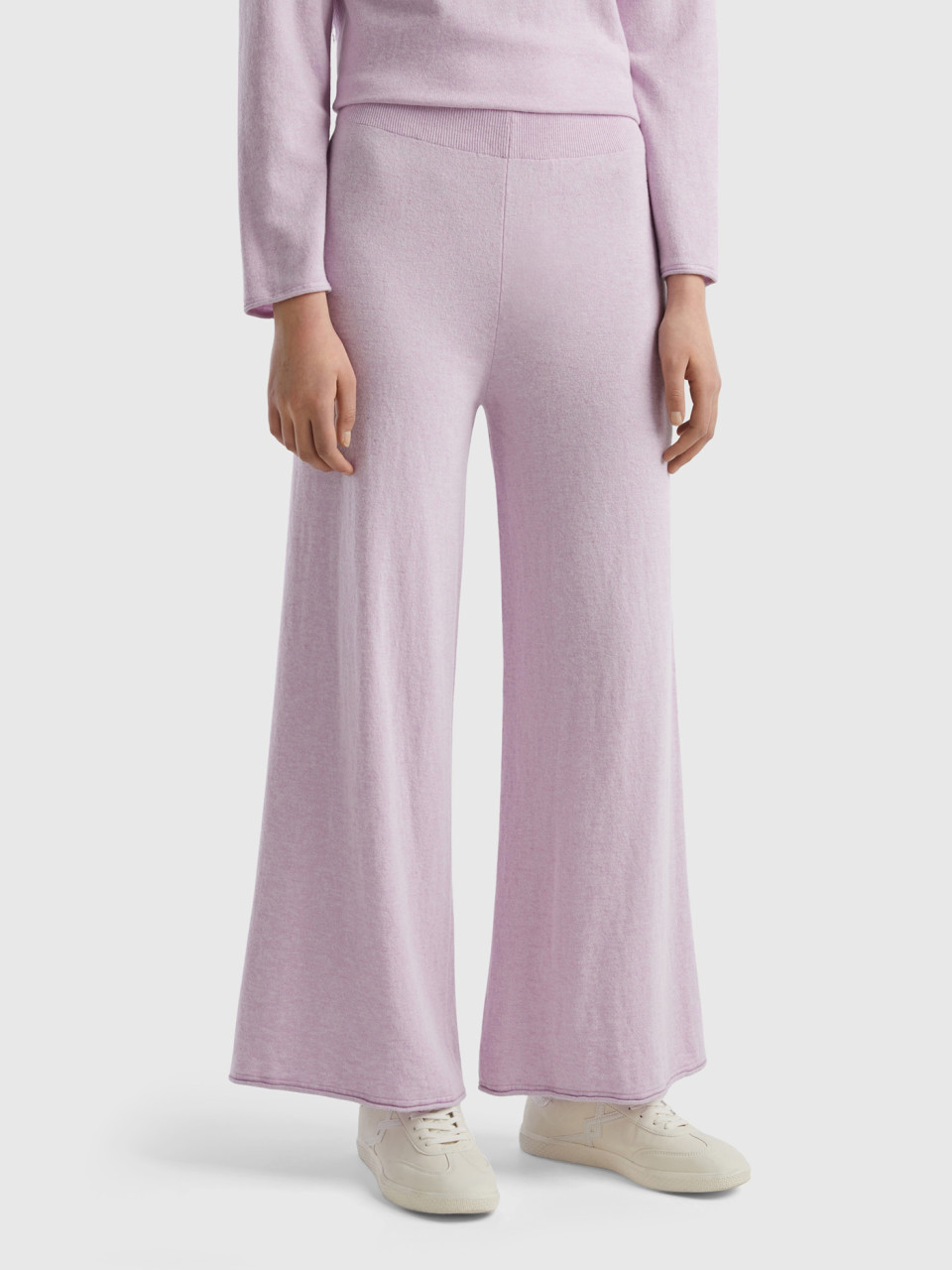 Benetton, Light Lilac Wide Trousers In Cashmere And Wool Blend, Lilac, Women