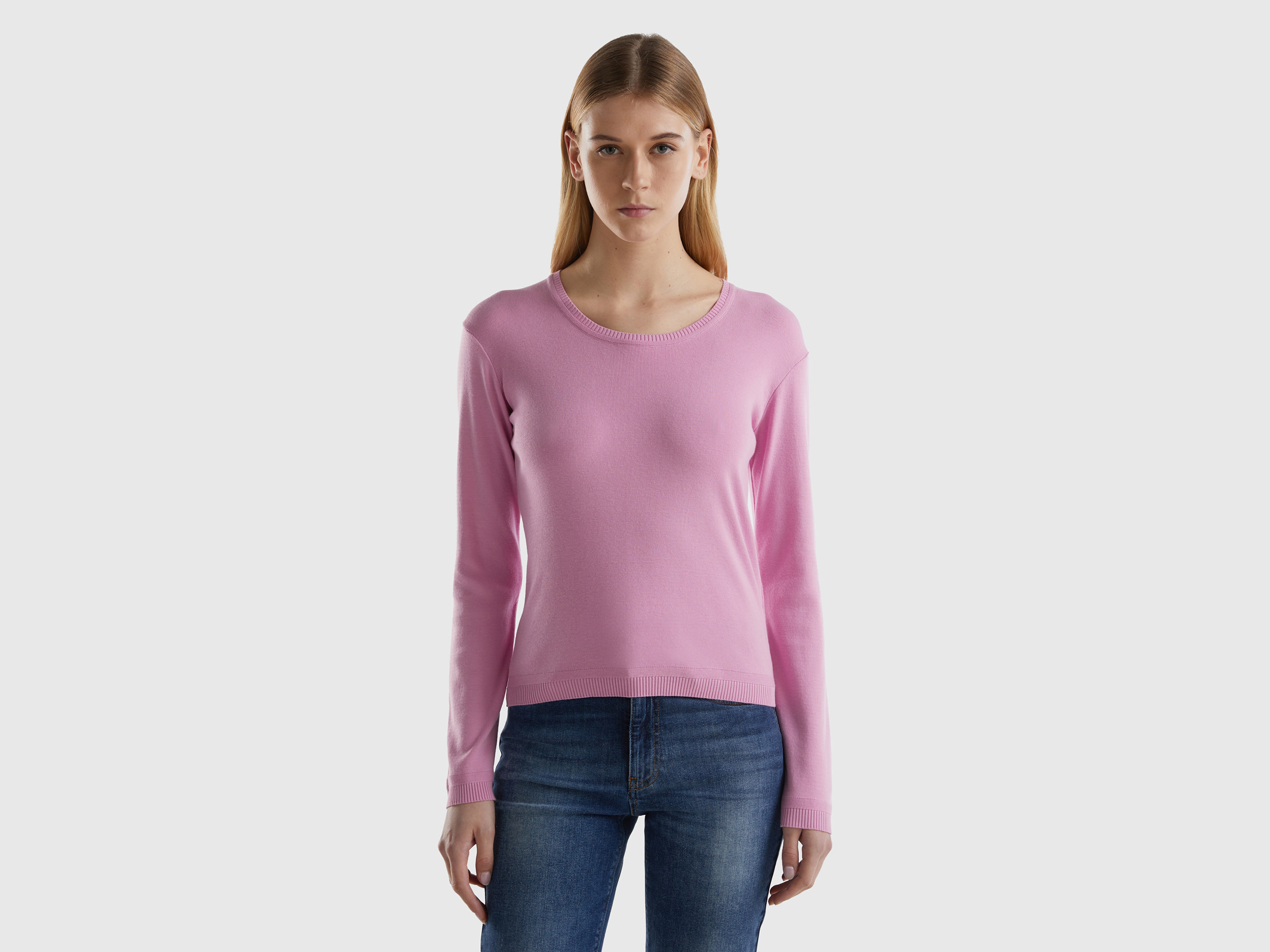 Benetton, Crew Neck Sweater In Pure Cotton, size M, Pastel Pink, Women