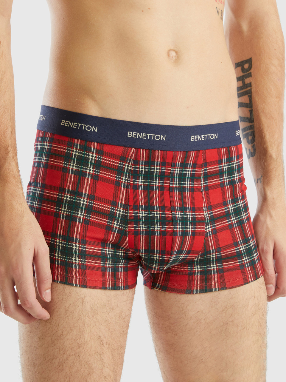 Benetton, Red And Blue Tartan Boxer Shorts, Red, Men