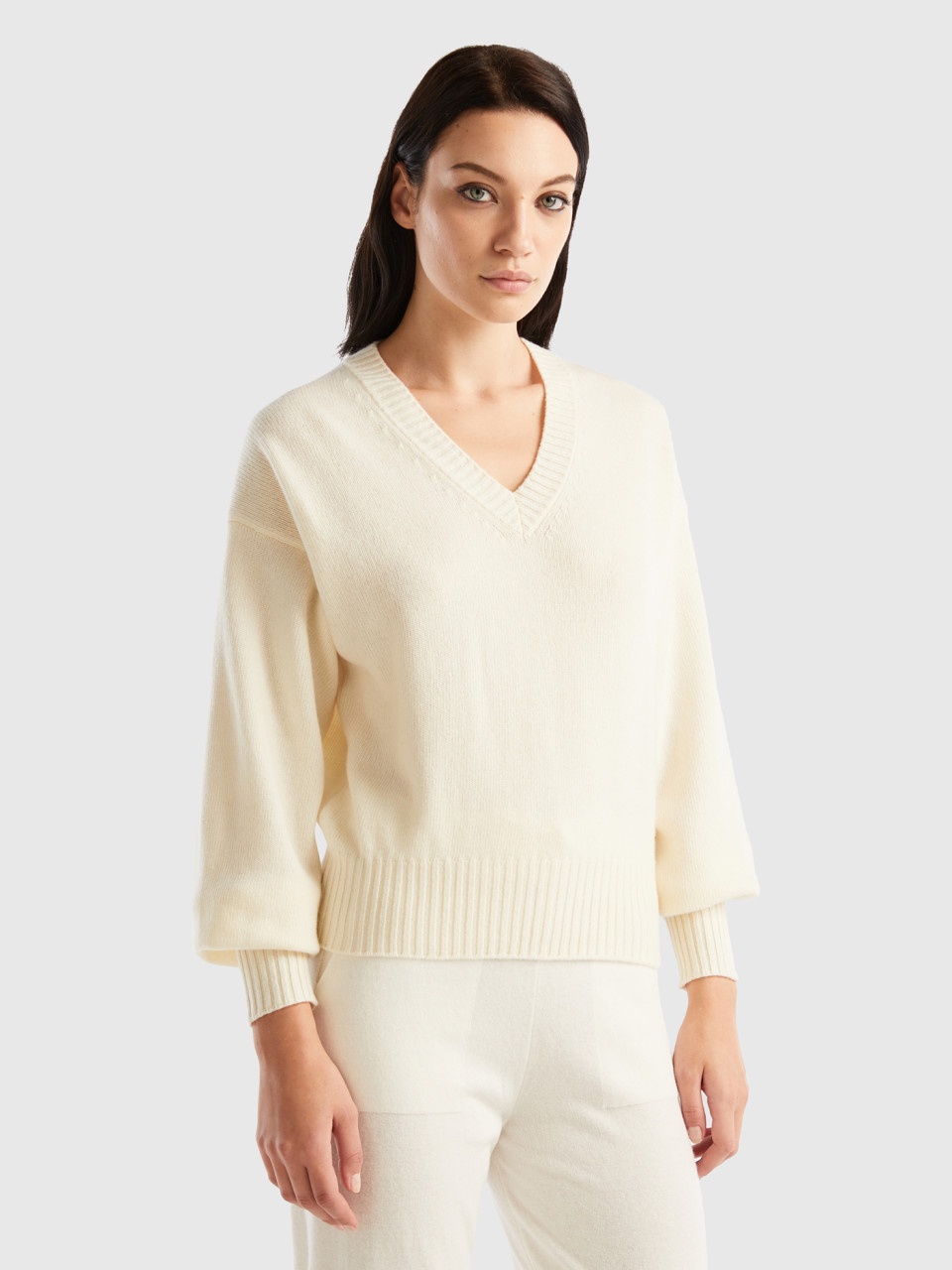 Benetton, V-neck Sweater In Wool Blend, Creamy White, Women