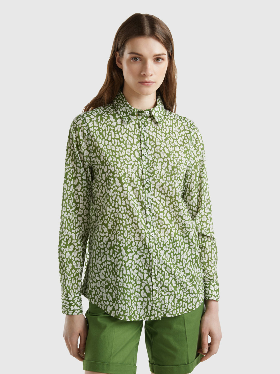 Benetton, 100% Cotton Patterned Shirt, Green, Women