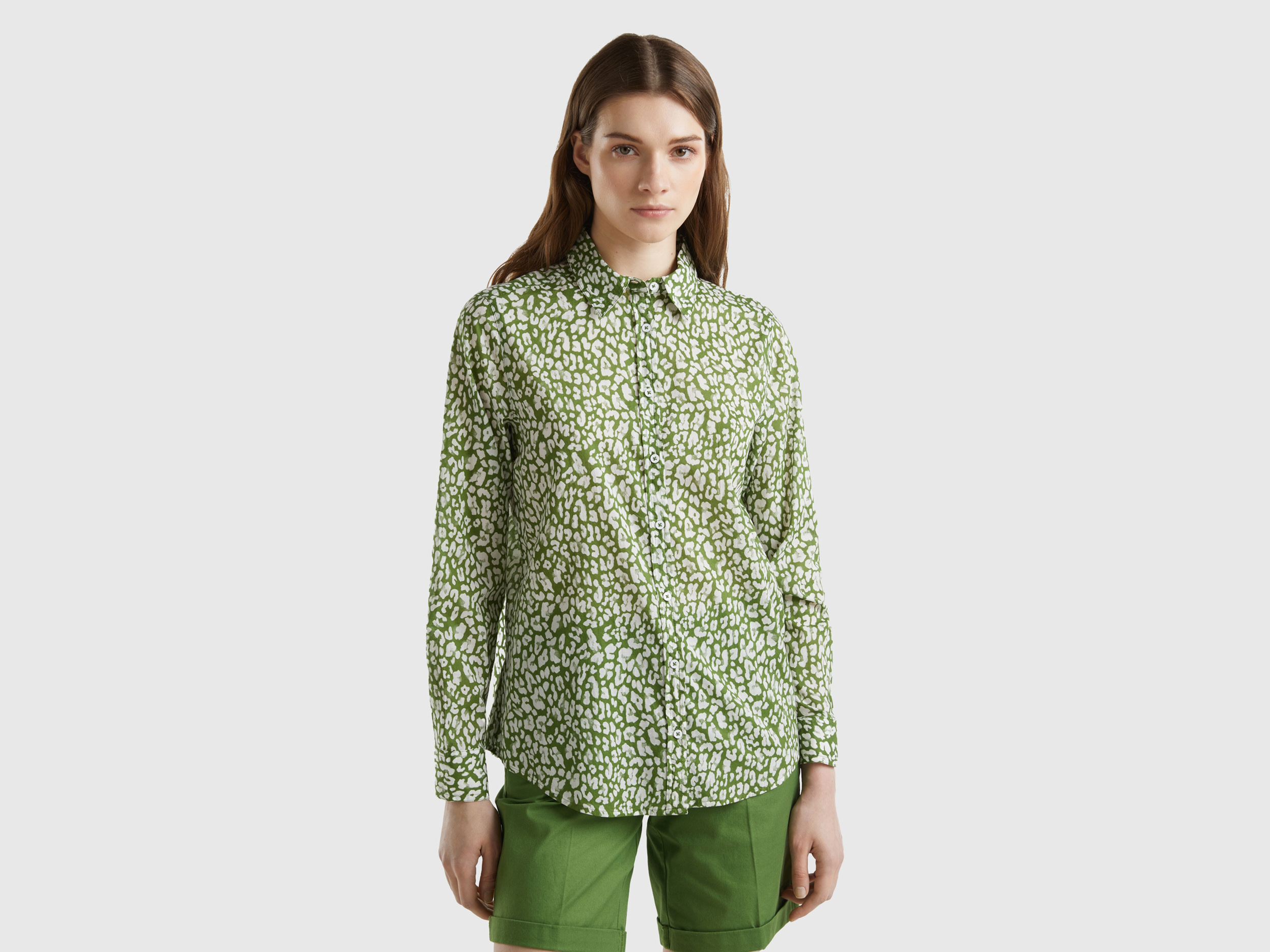 Benetton, Camicia Fantasia 100% Cotone, Verde, Donna