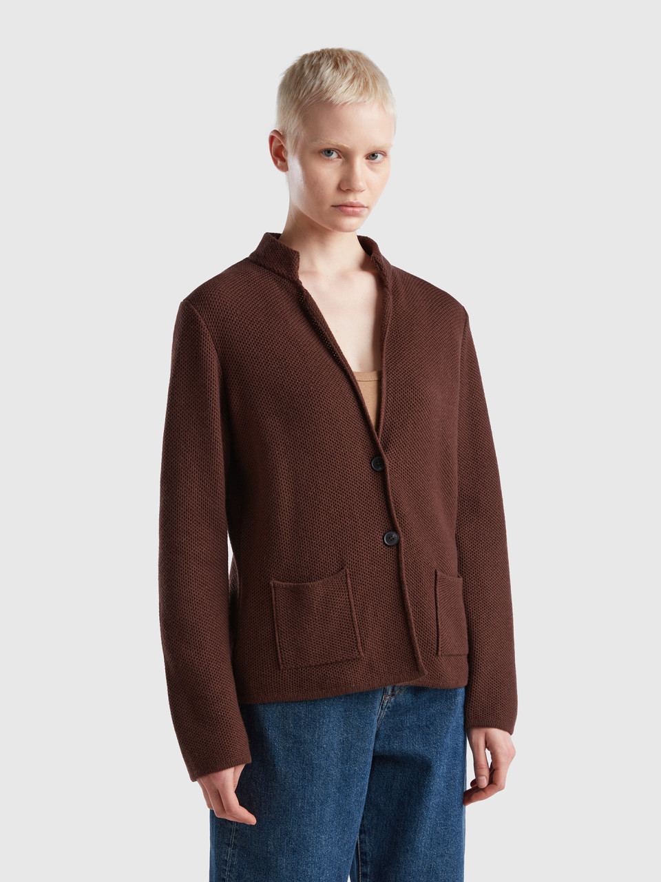 Benetton, Knit Jacket In Wool And Cashmere Blend, Dark Brown, Women