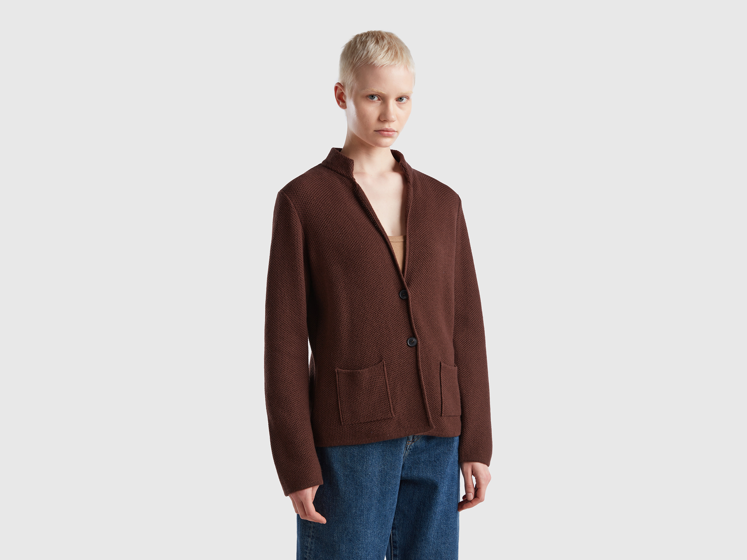 Benetton, Knit Jacket In Wool And Cashmere Blend, size S, Dark Brown, Women