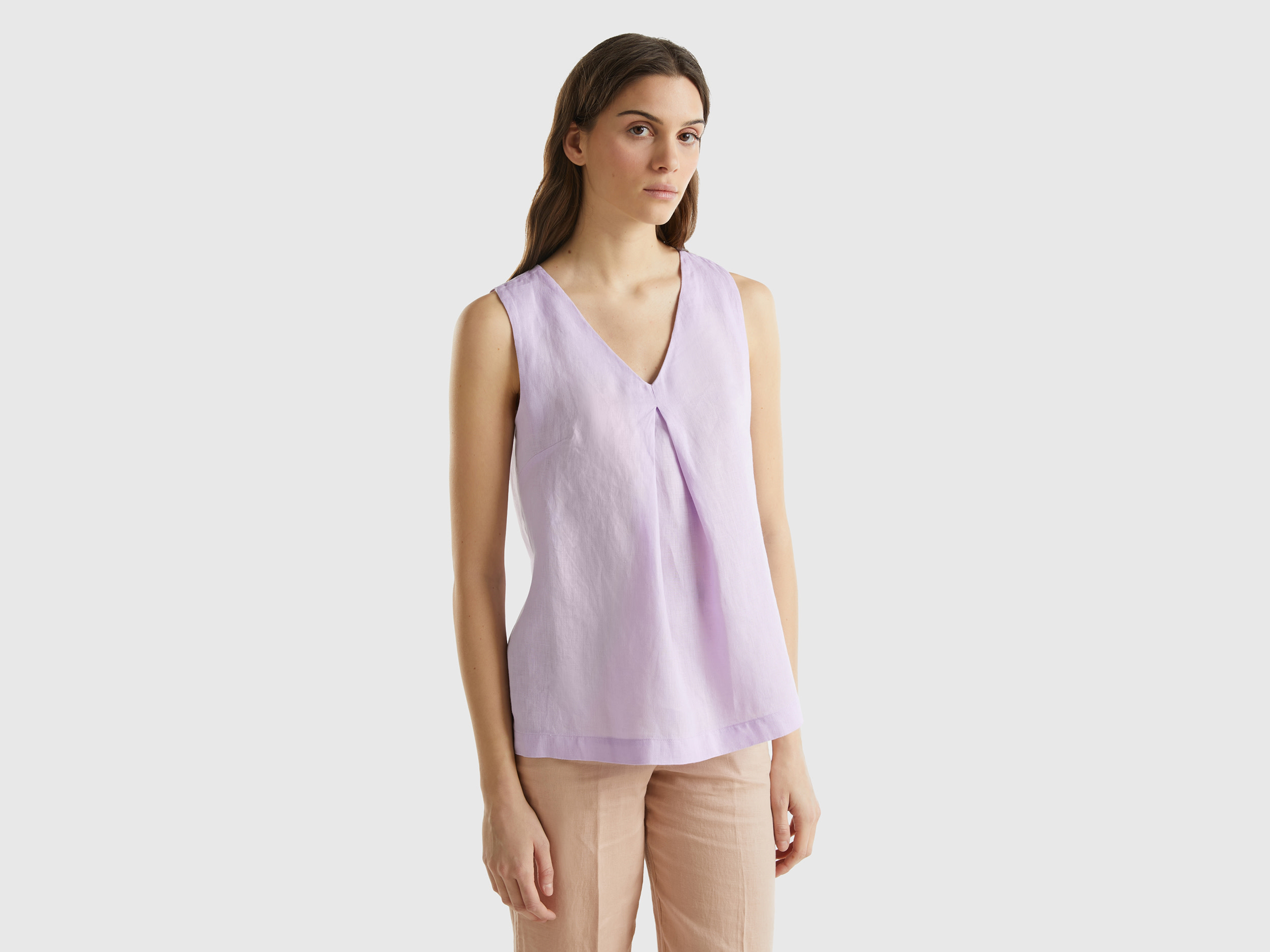 Benetton, Sleeveless Blouse In Pure Linen, size XL, Lilac, Women