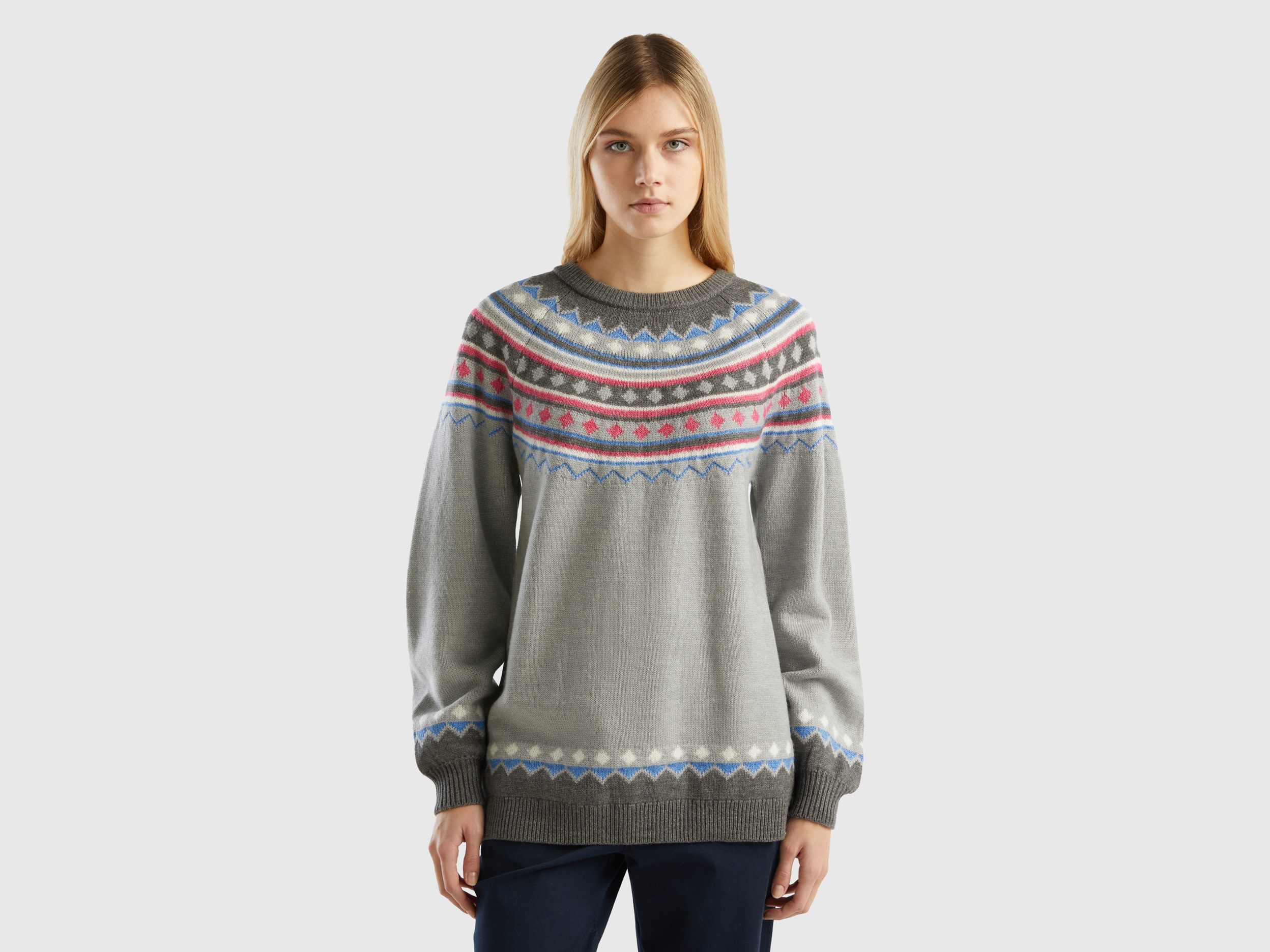 Benetton, Jacquard Sweater With Lurex, size XS-S, Dark Gray, Women