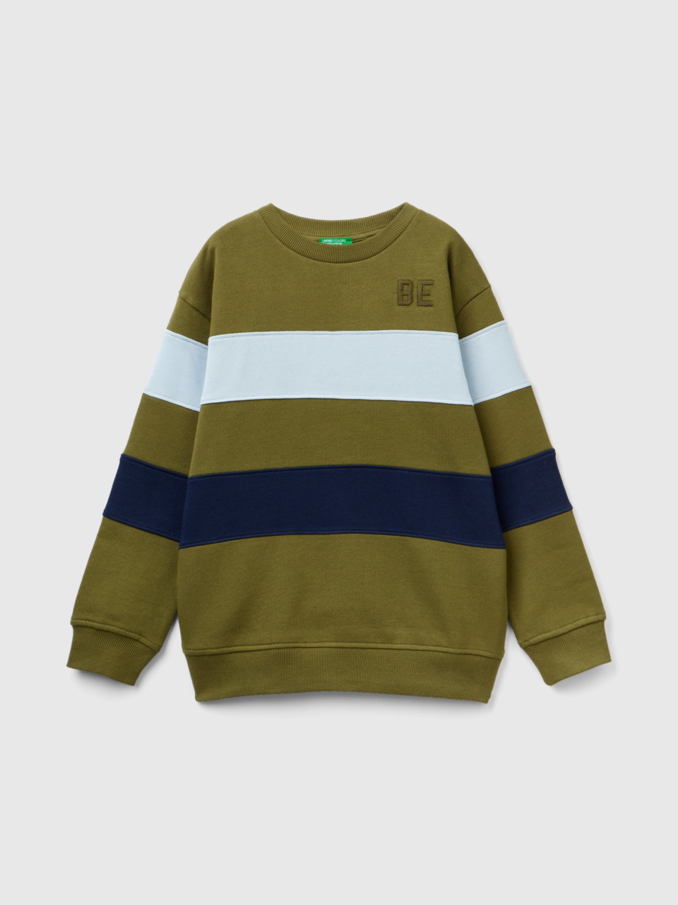 Benetton, Striped Sweatshirt With be Embroidery, Military Green, Kids