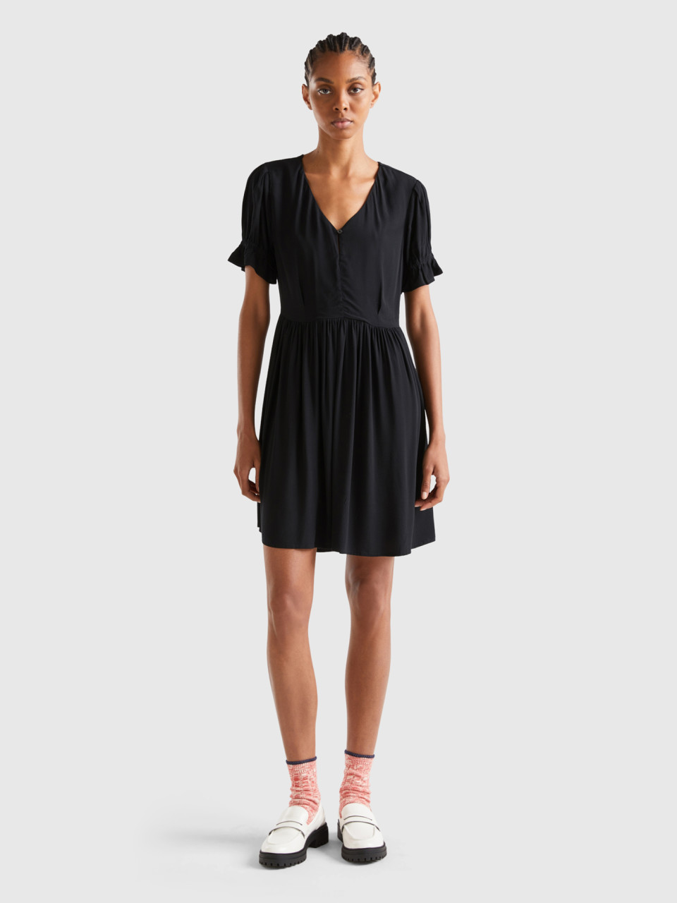 Benetton, Short Dress In Flowy Viscose, Black, Women