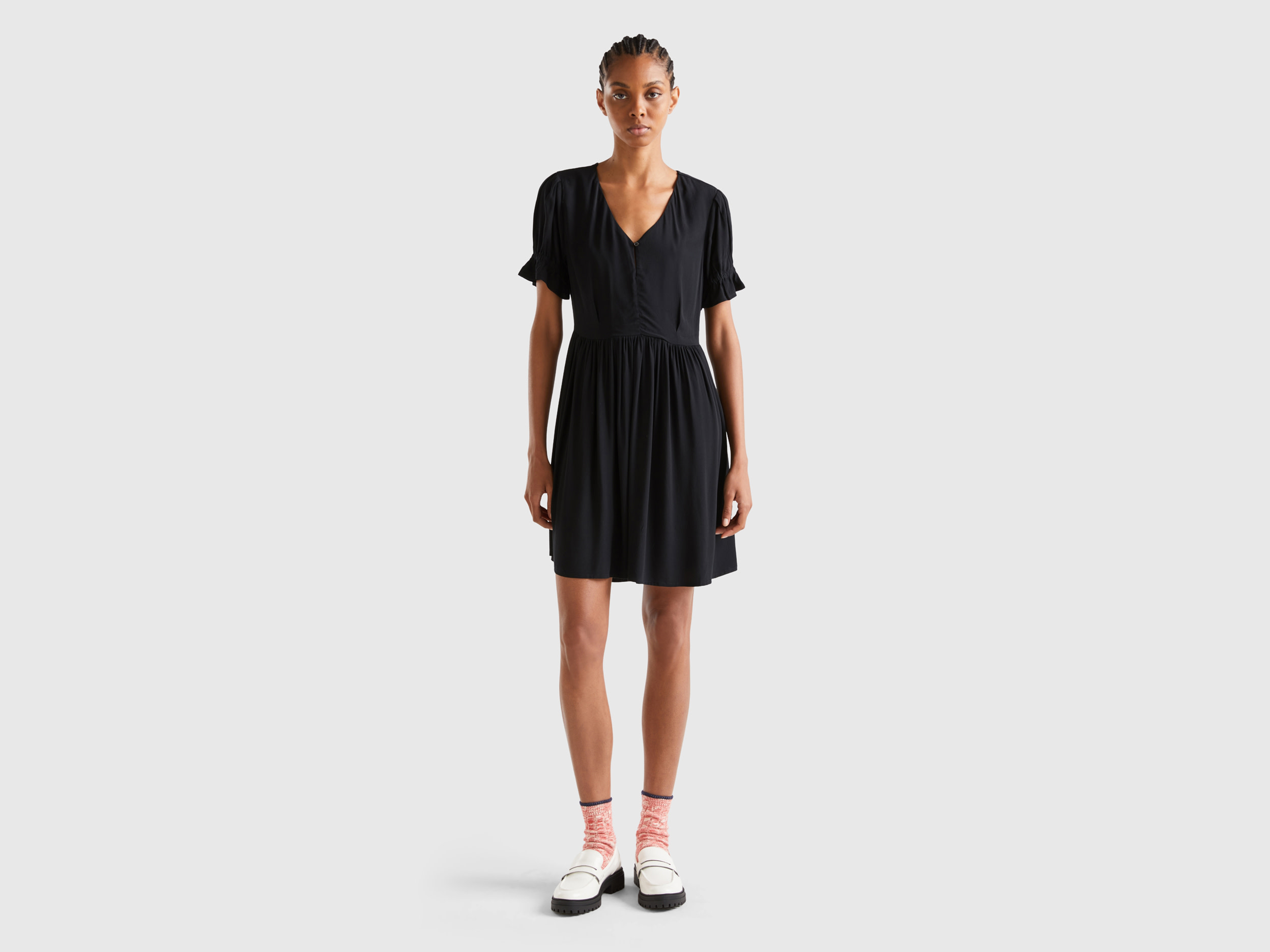 Benetton, Short Dress In Flowy Viscose, size XL, Black, Women