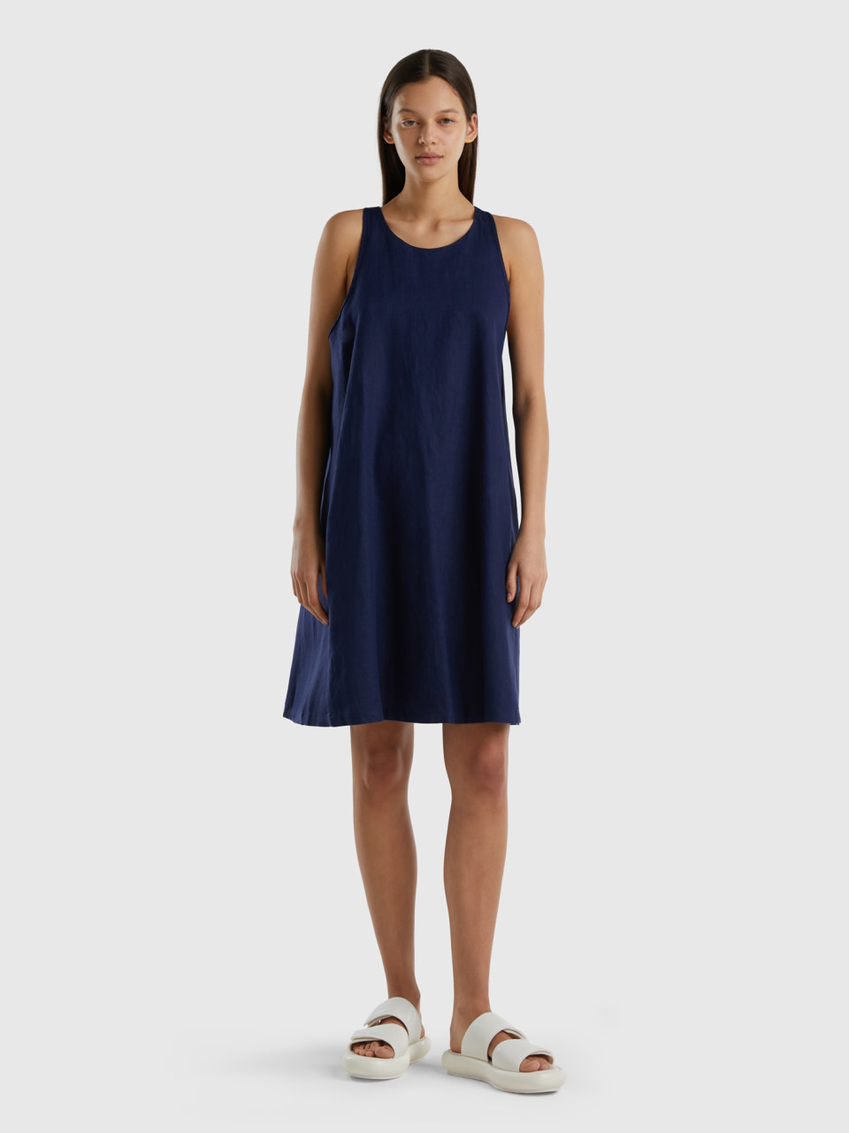 Benetton, Sleeveless Dress In Pure Linen, Dark Blue, Women