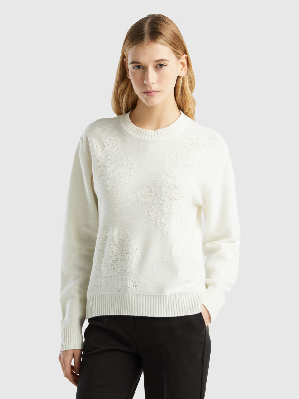 Benetton, Cashmere Blend Sweater With Floral Designs, Creamy White, Women