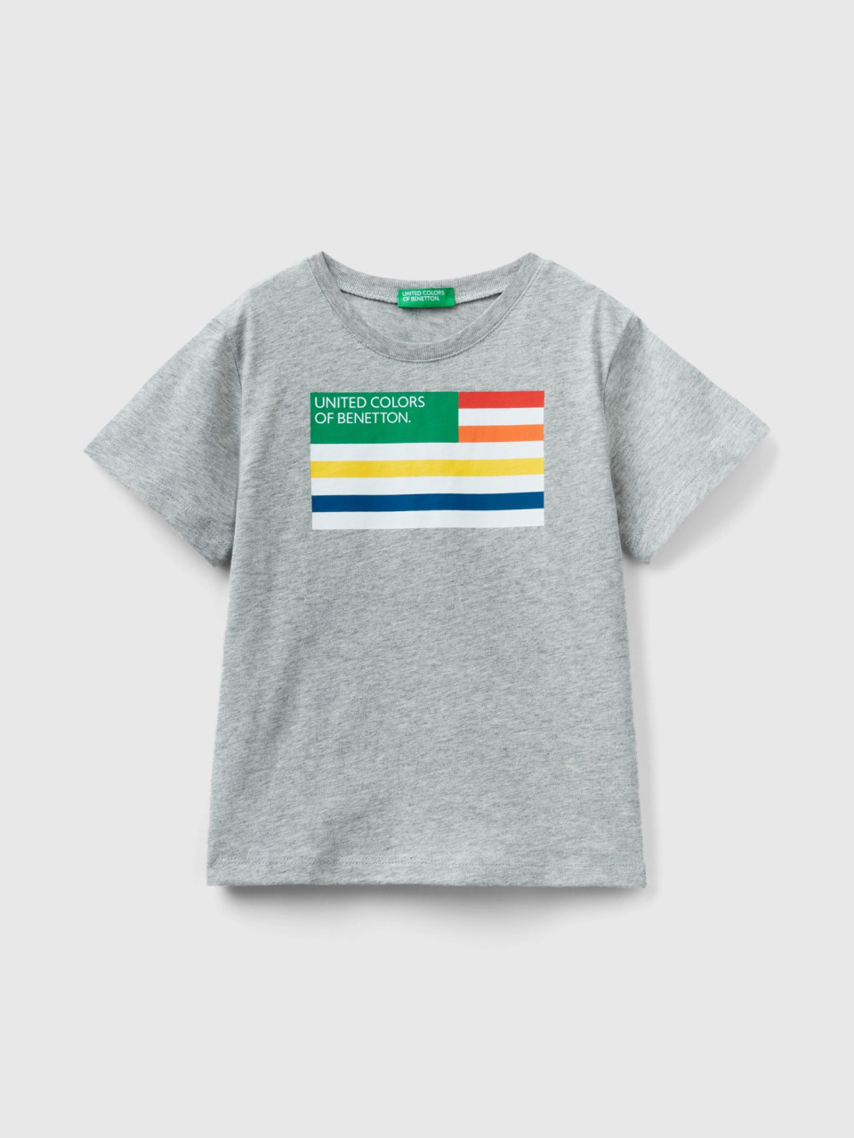 Benetton, Camiseta De 100 % Algodón Orgánico Con Estampado, Gris Claro, Niños