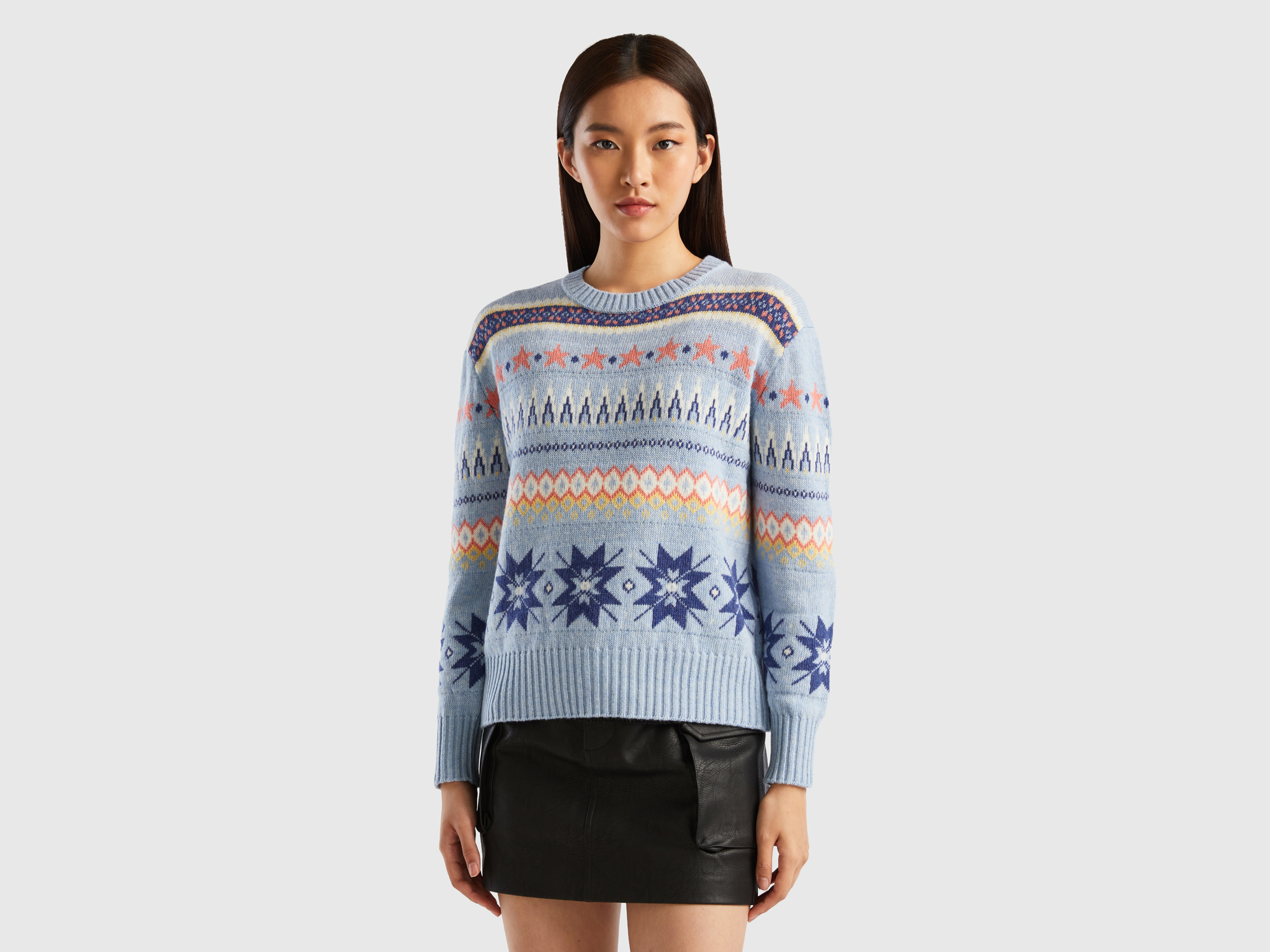 Benetton, Boxy Fit Sweater With Geo Patterns, size M, Light Blue, Women