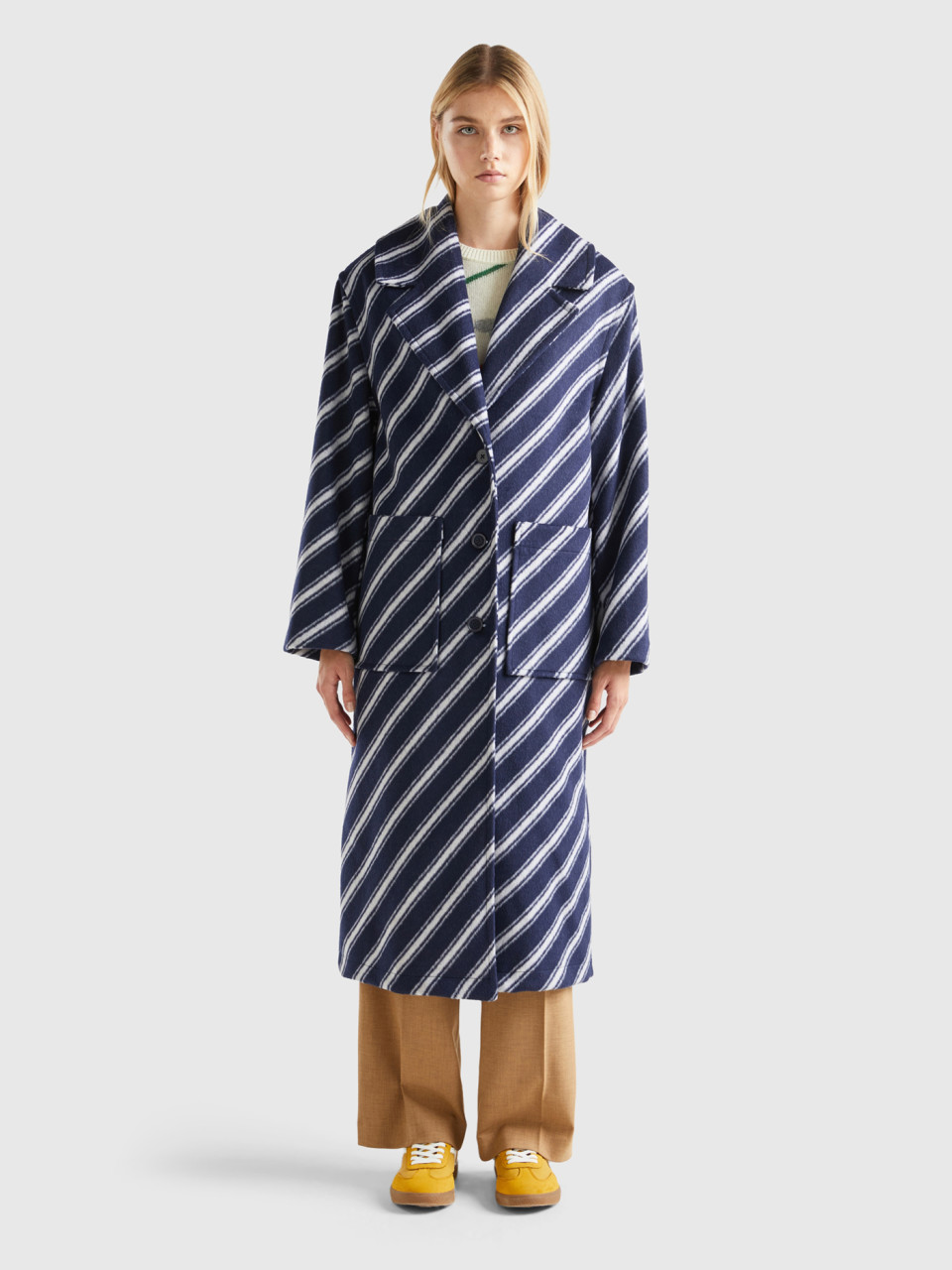Benetton, Regimental Striped Coat, Blue, Women