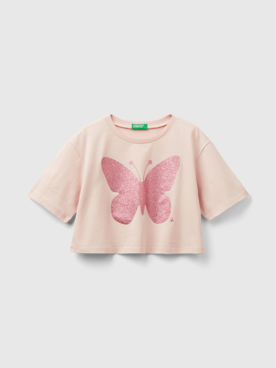 Benetton, T-shirt With Glittery Print, Peach, Kids
