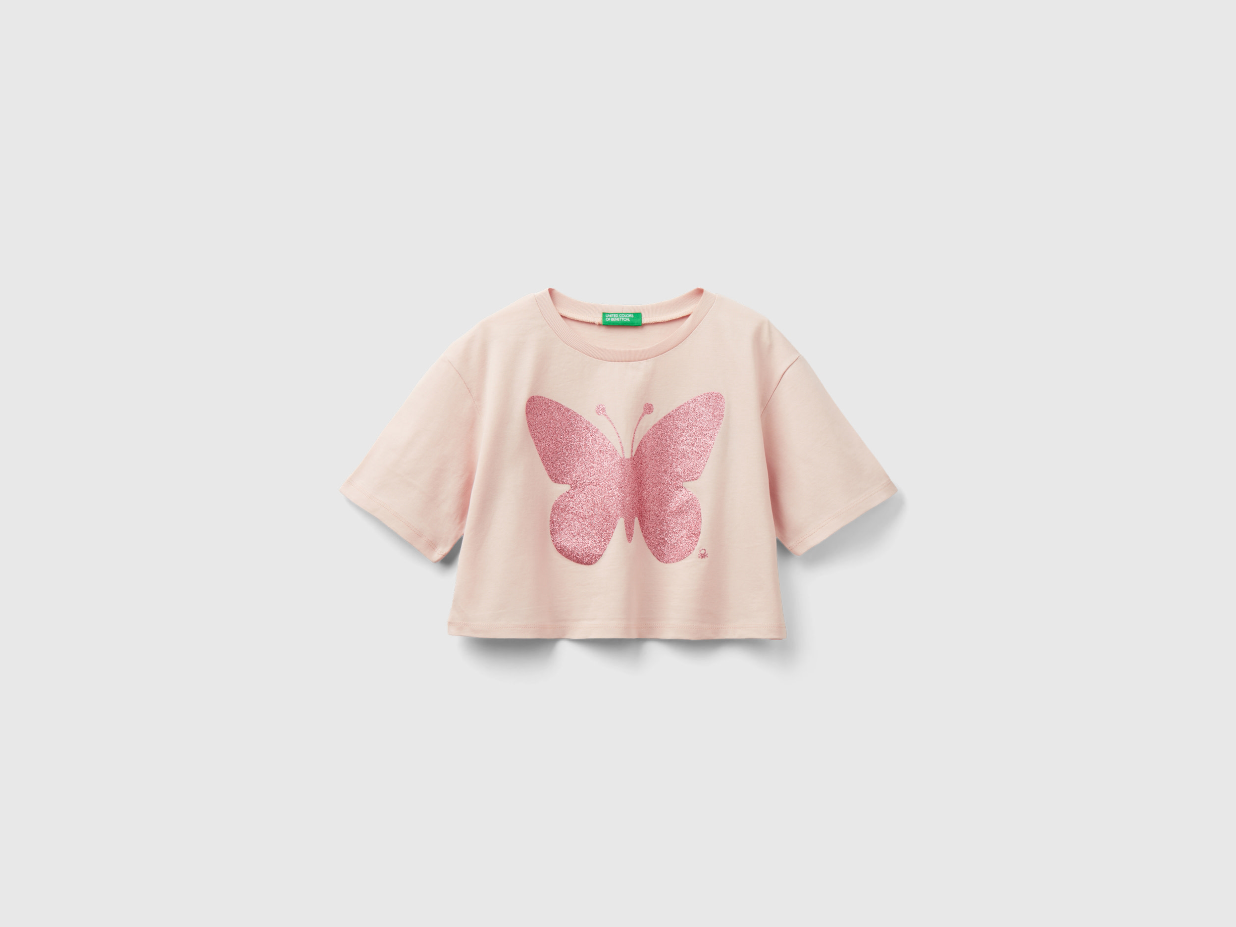 Image of Benetton, T-shirt With Glittery Print, size S, Peach, Kids