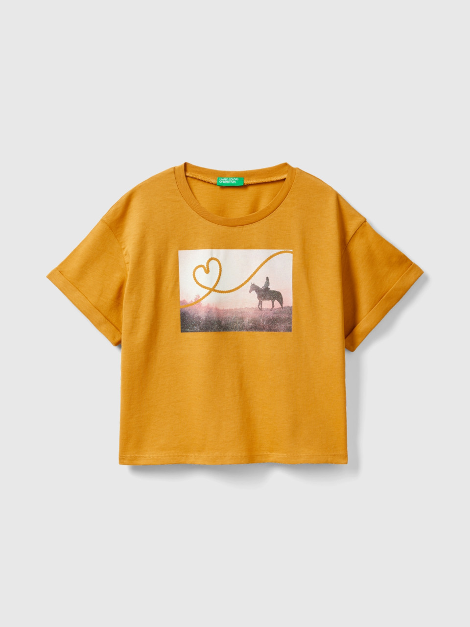 Benetton, T-shirt With Photographic Horse Print, Mustard, Kids