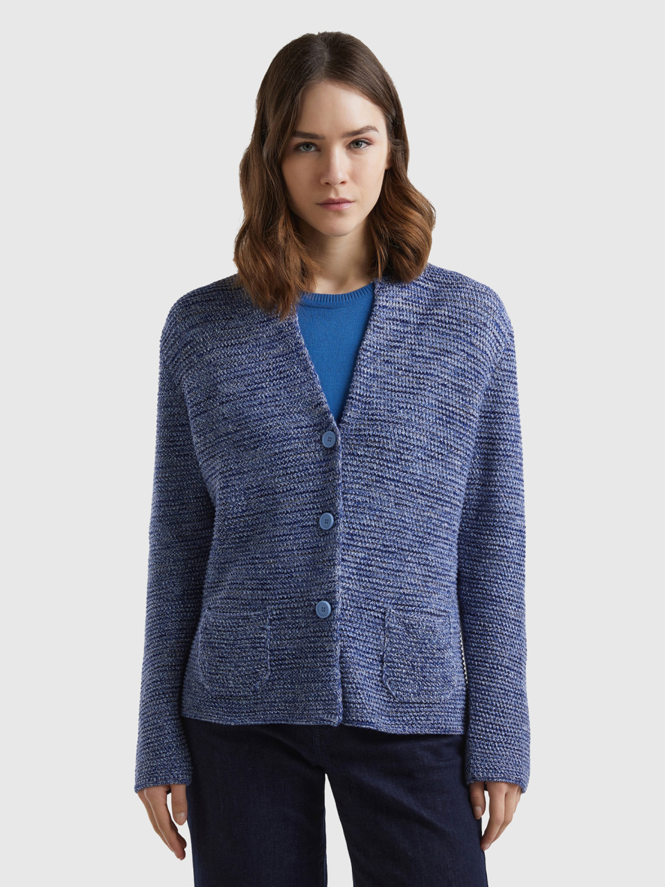 Benetton, 100% Cotton Knit Jacket, Blue, Women