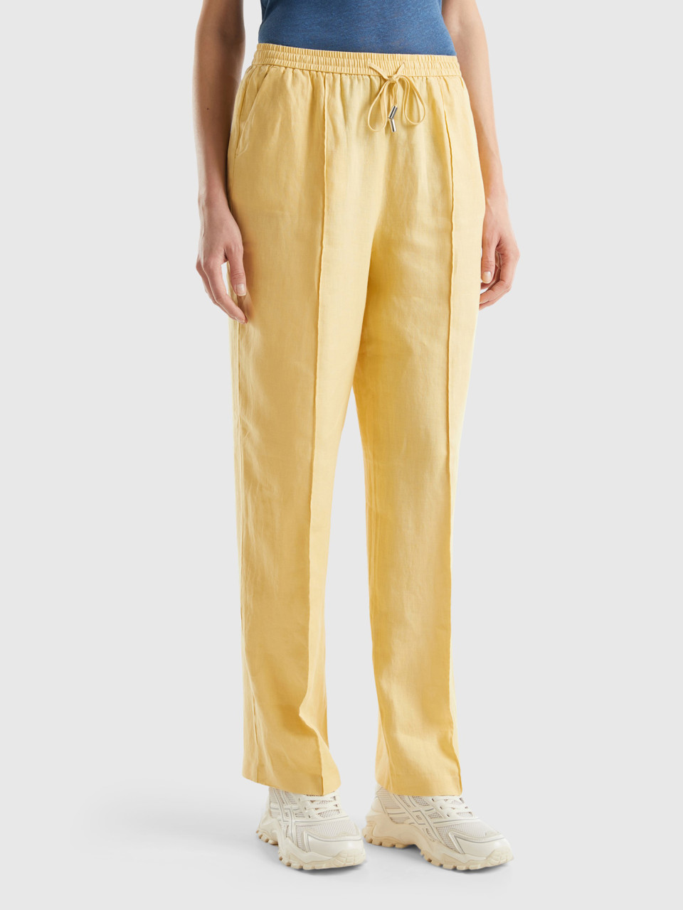 Benetton, Trousers In Pure Linen With Elastic, Yellow, Women