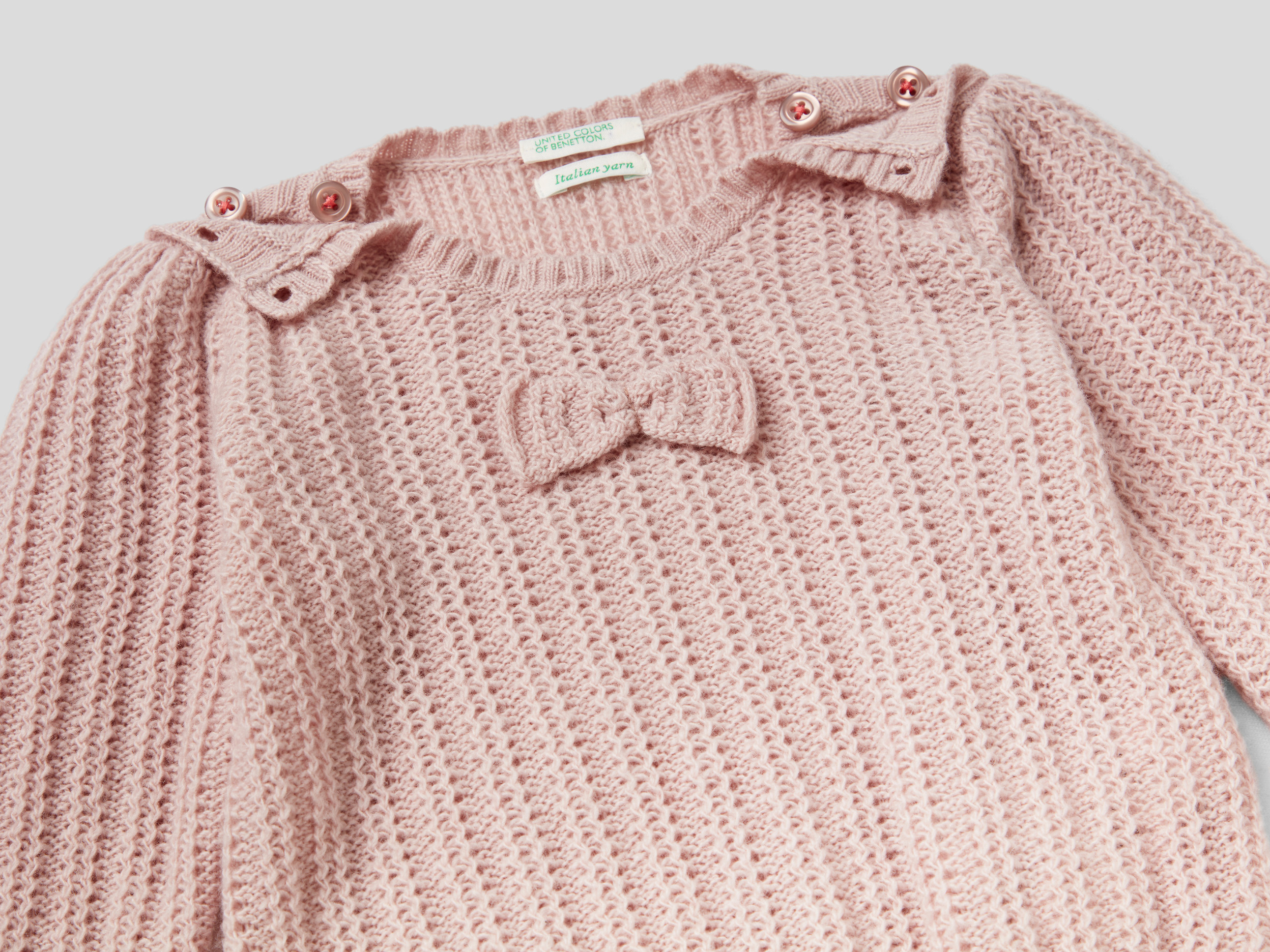 Benetton, Sweater With Bow In Recycled Wool Blend, Taglia 0-1, Soft Pink, Kids