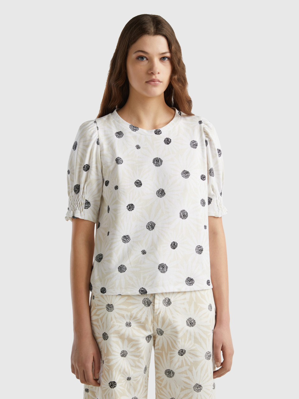 Benetton, Camiseta De Algodón Orgánico Con Estampado De Flores, Blanco, Mujer