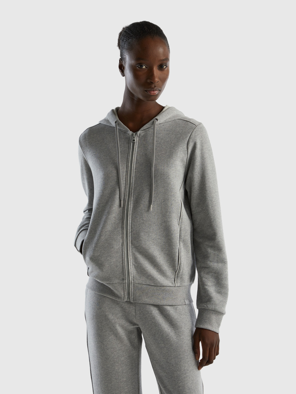 Benetton, 100% Cotton Sweatshirt With Zip And Hood, Light Gray, Women