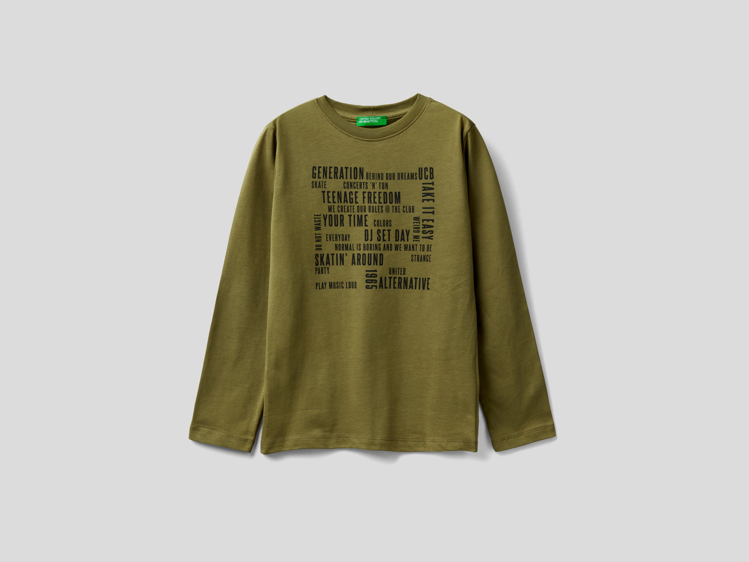 Benetton, T shirt Manica Lunga In Caldo Cotone, Verde Militare, Bambini