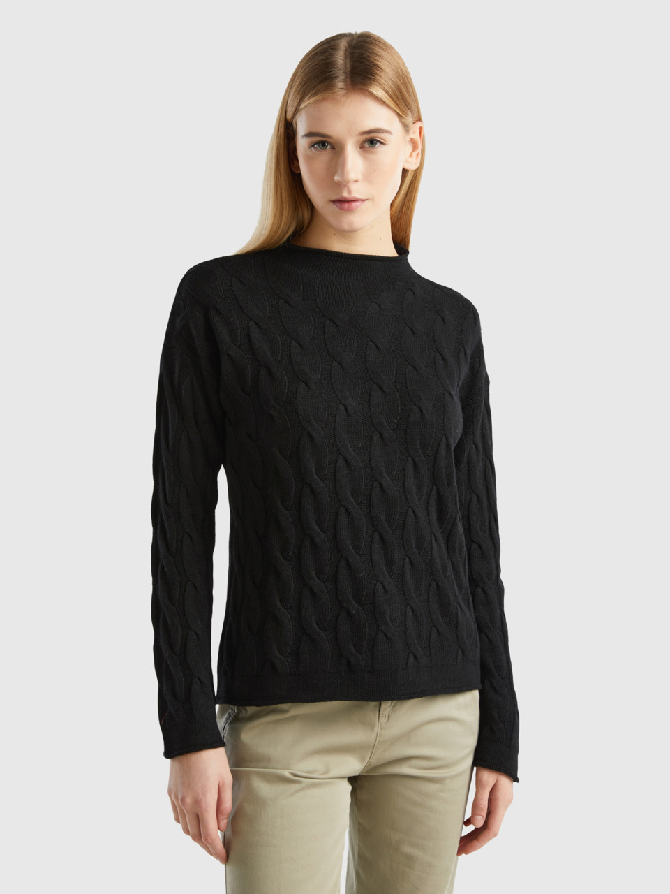 Benetton, Cable Knit Sweater, Black, Women