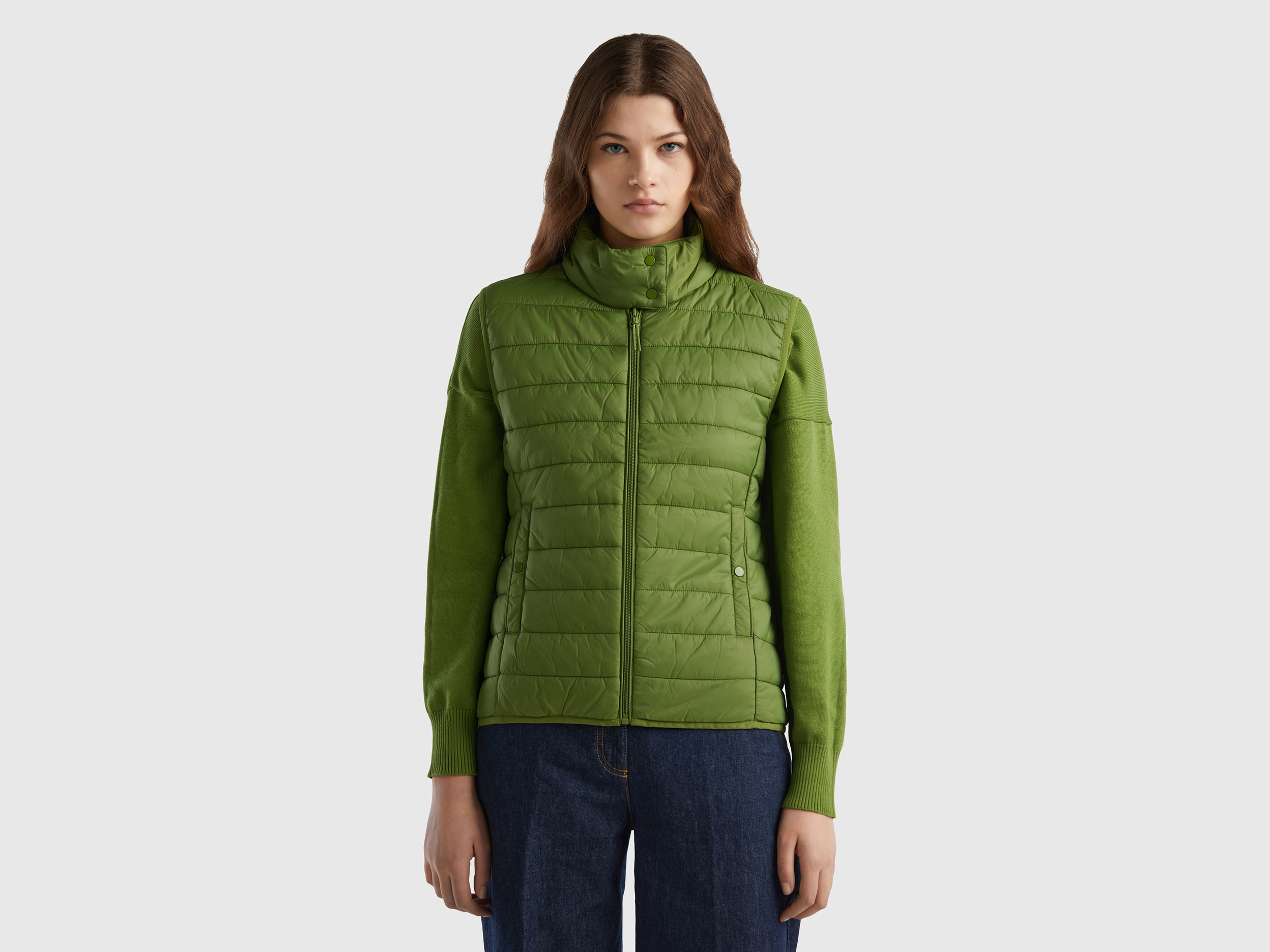 Benetton, Sleeveless Puffer Jacket With Recycled Wadding, size XXS, Military Green, Women