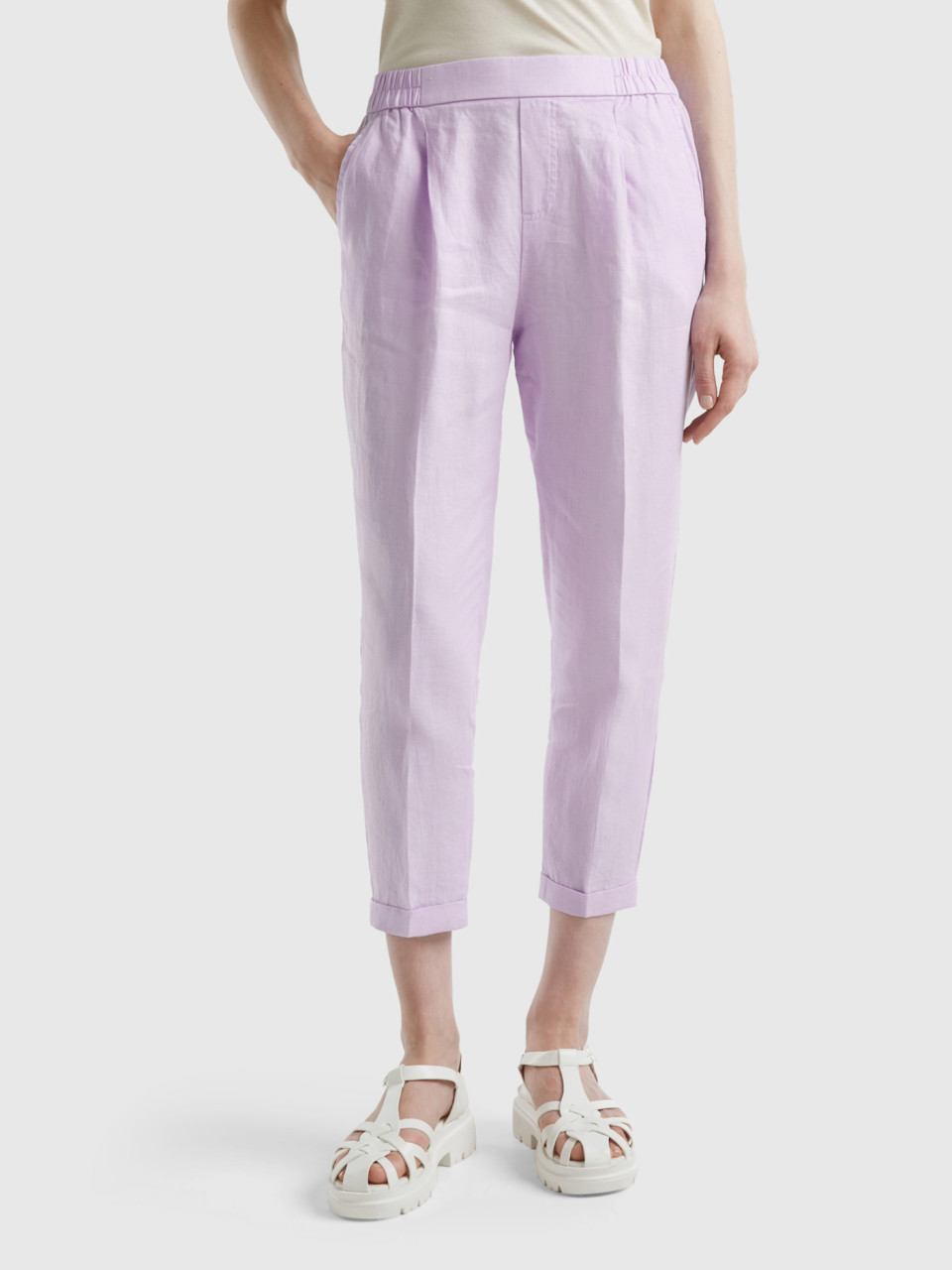 Benetton, Cropped Trousers In 100% Linen, Lilac, Women