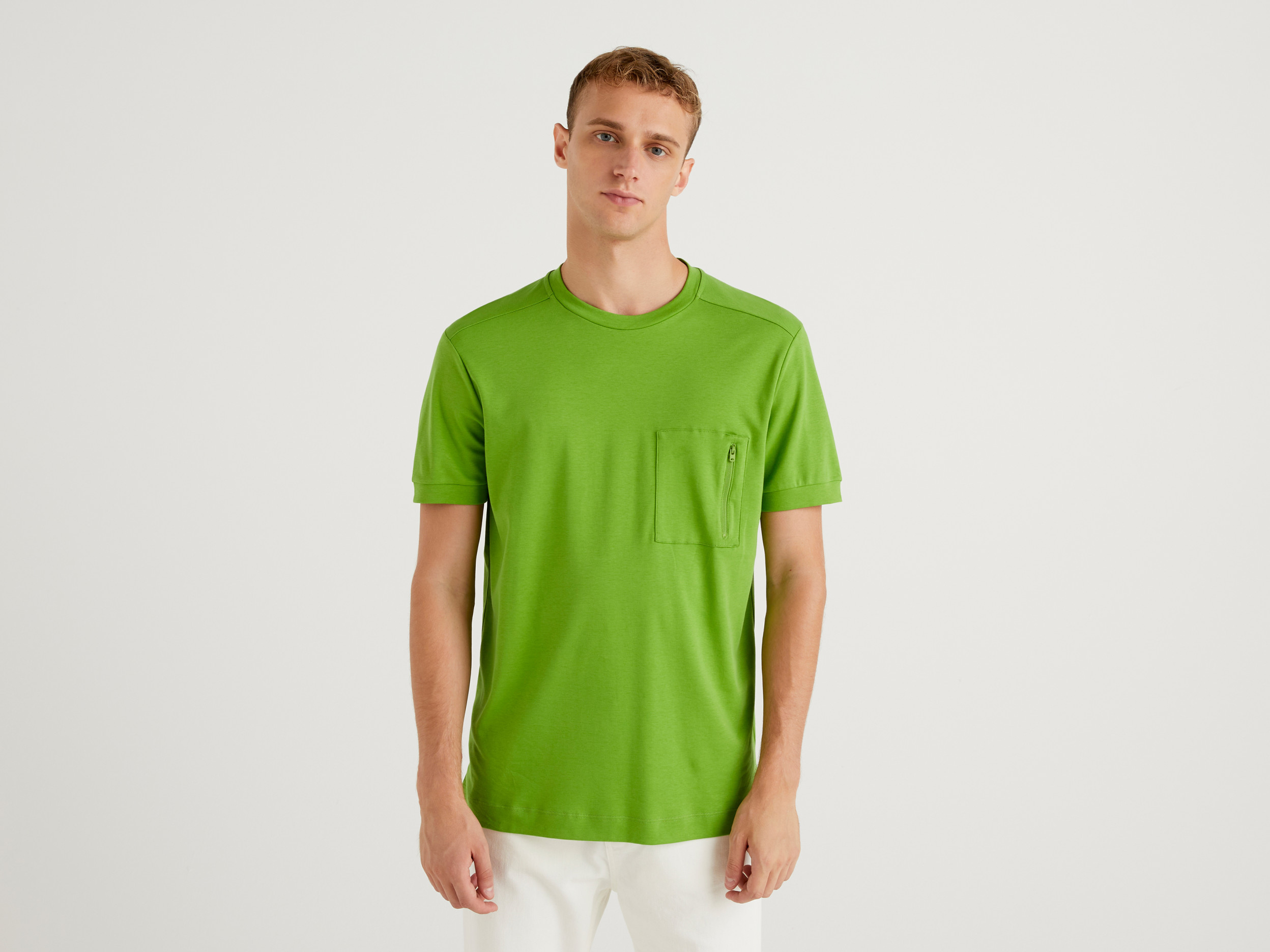 Benetton, T shirt Con Taschino Zippato, Verde Chiaro, Uomo